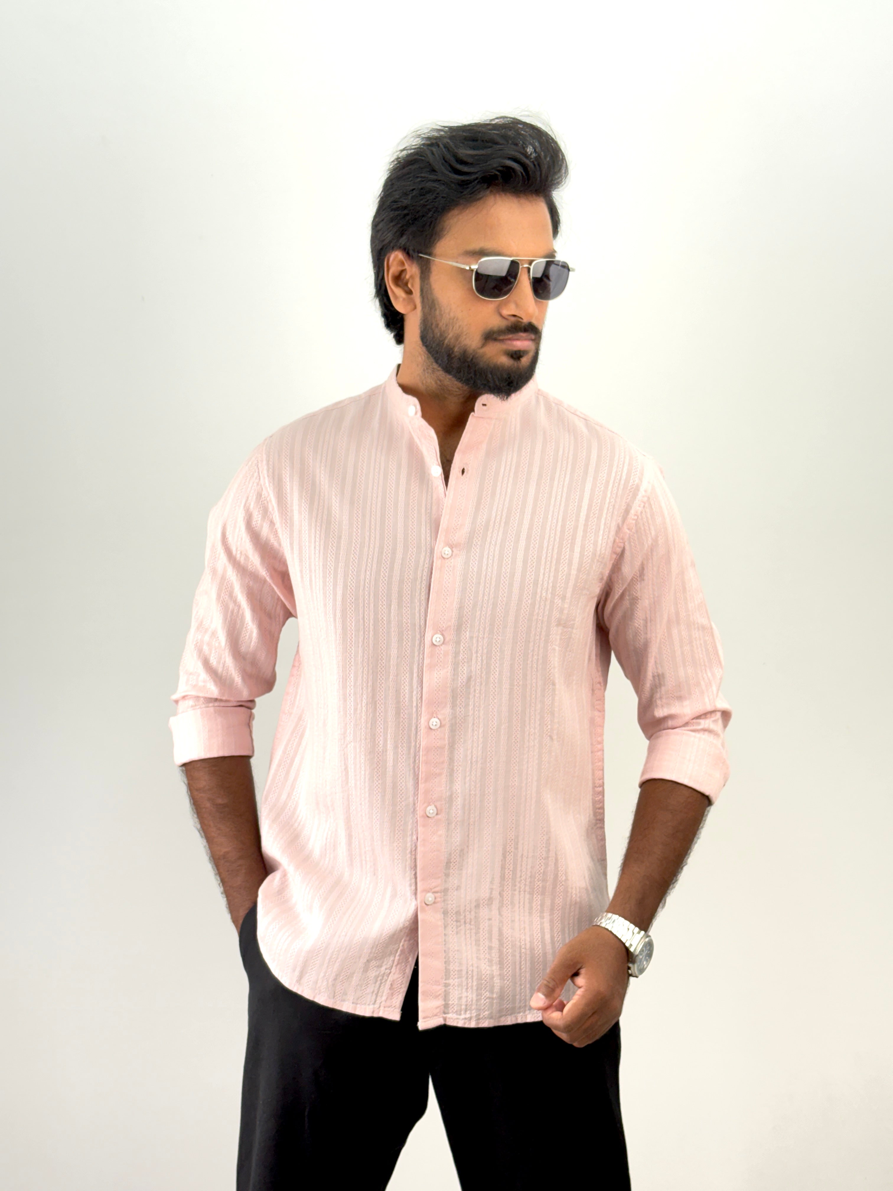 Peach Mandarin Collar Textured Shirt
