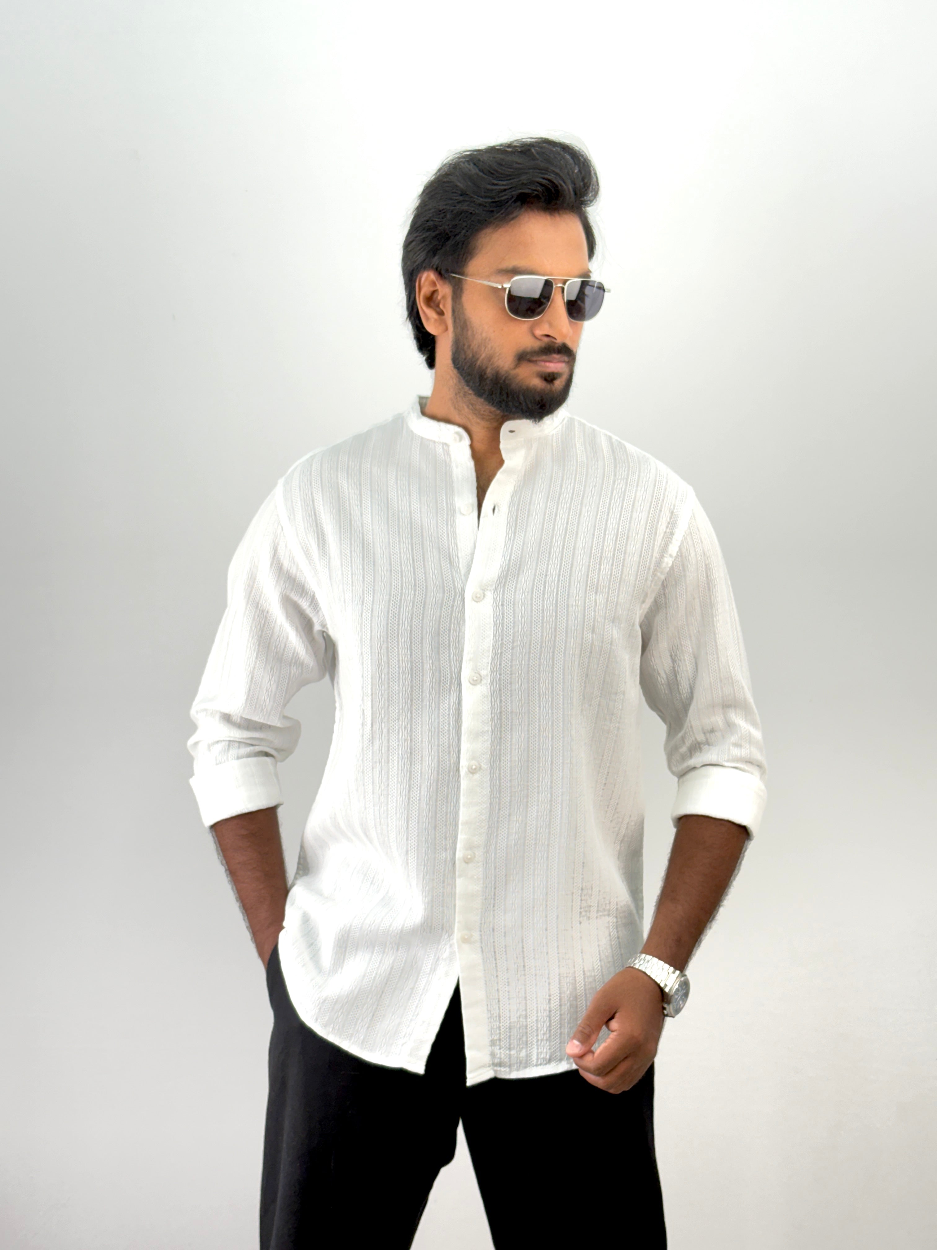 White Mandarin Collar Textured Shirt