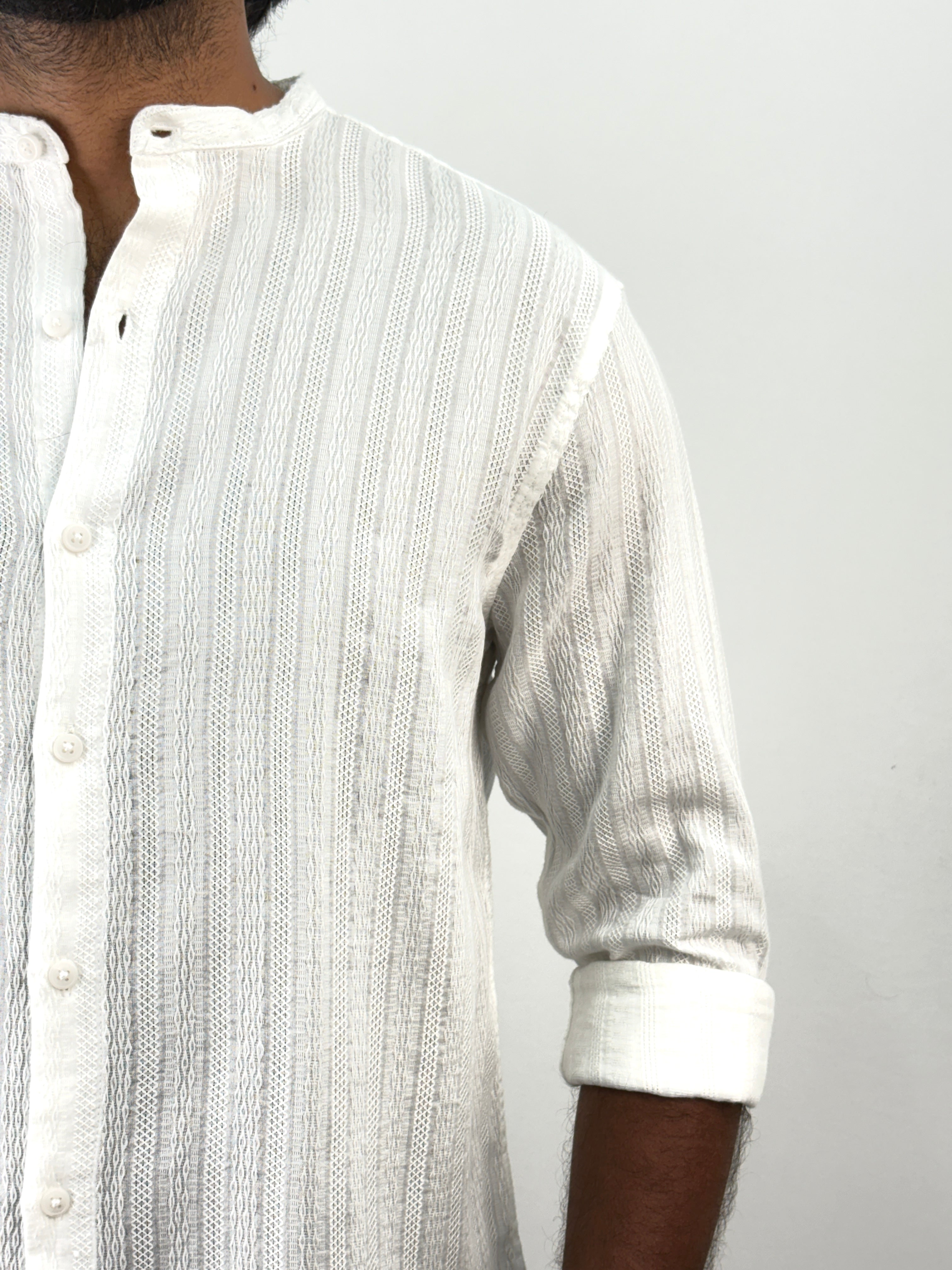 White Mandarin Collar Textured Shirt