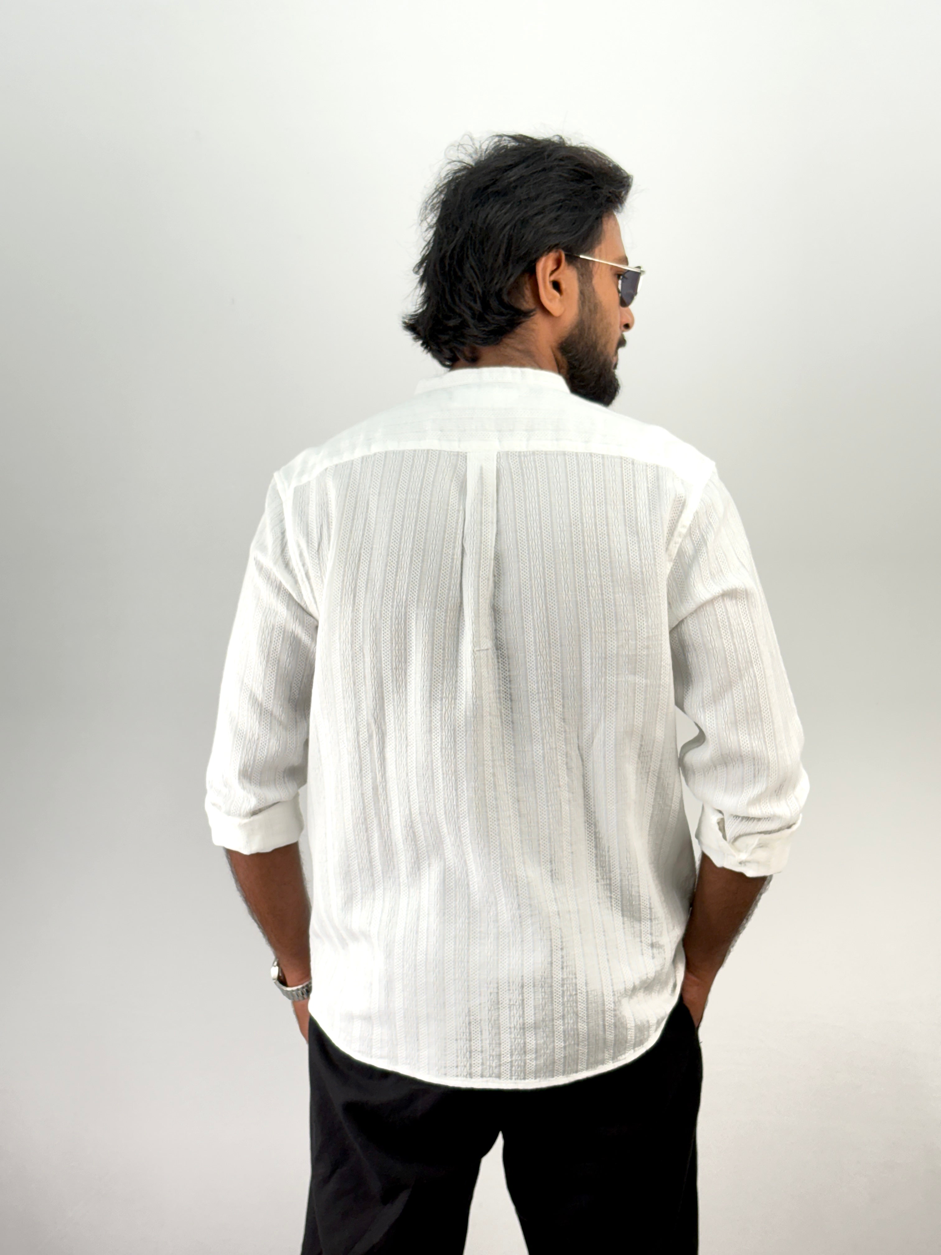 White Mandarin Collar Textured Shirt