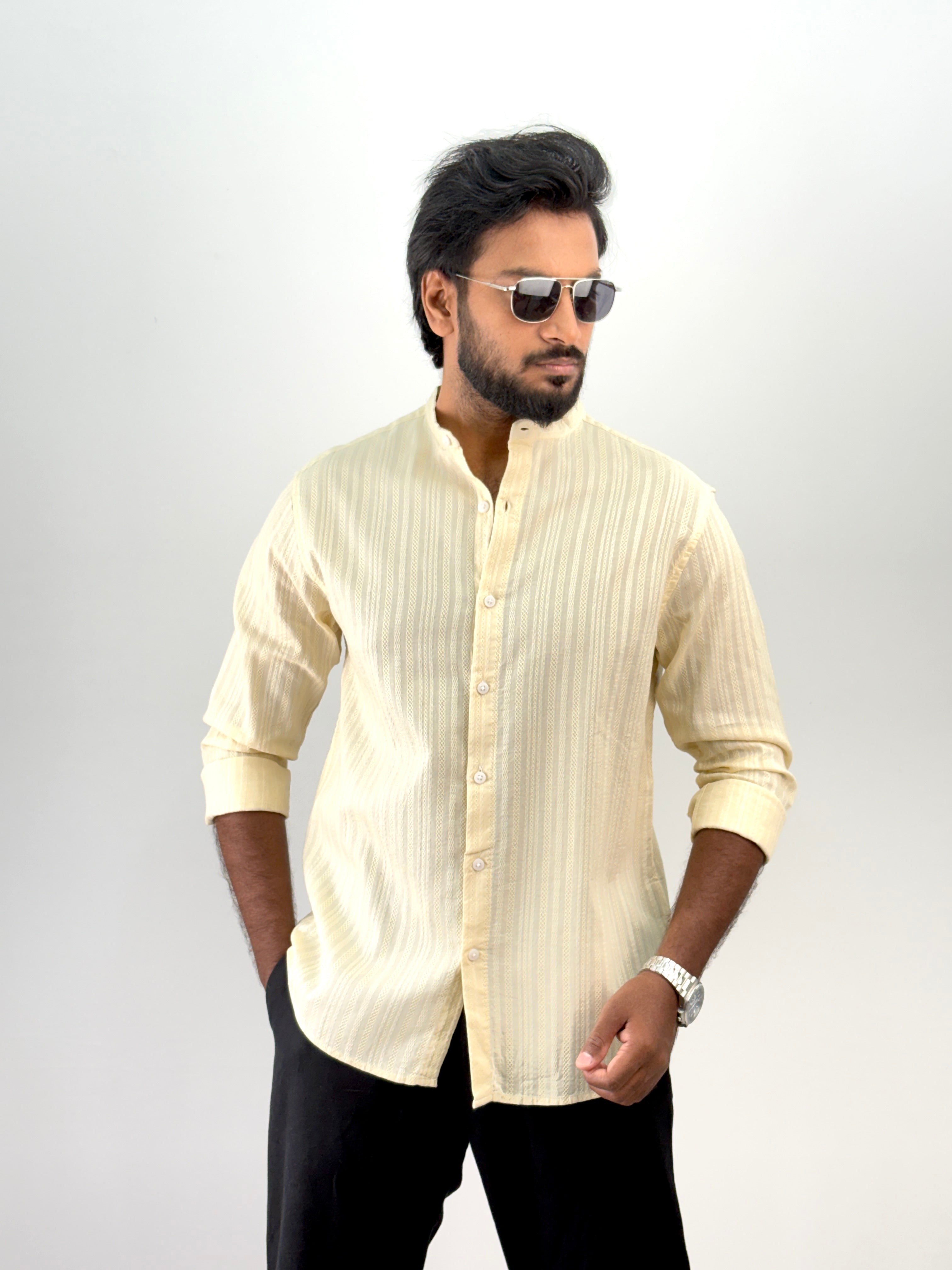 Cream Mandarin Collar Textured Shirt