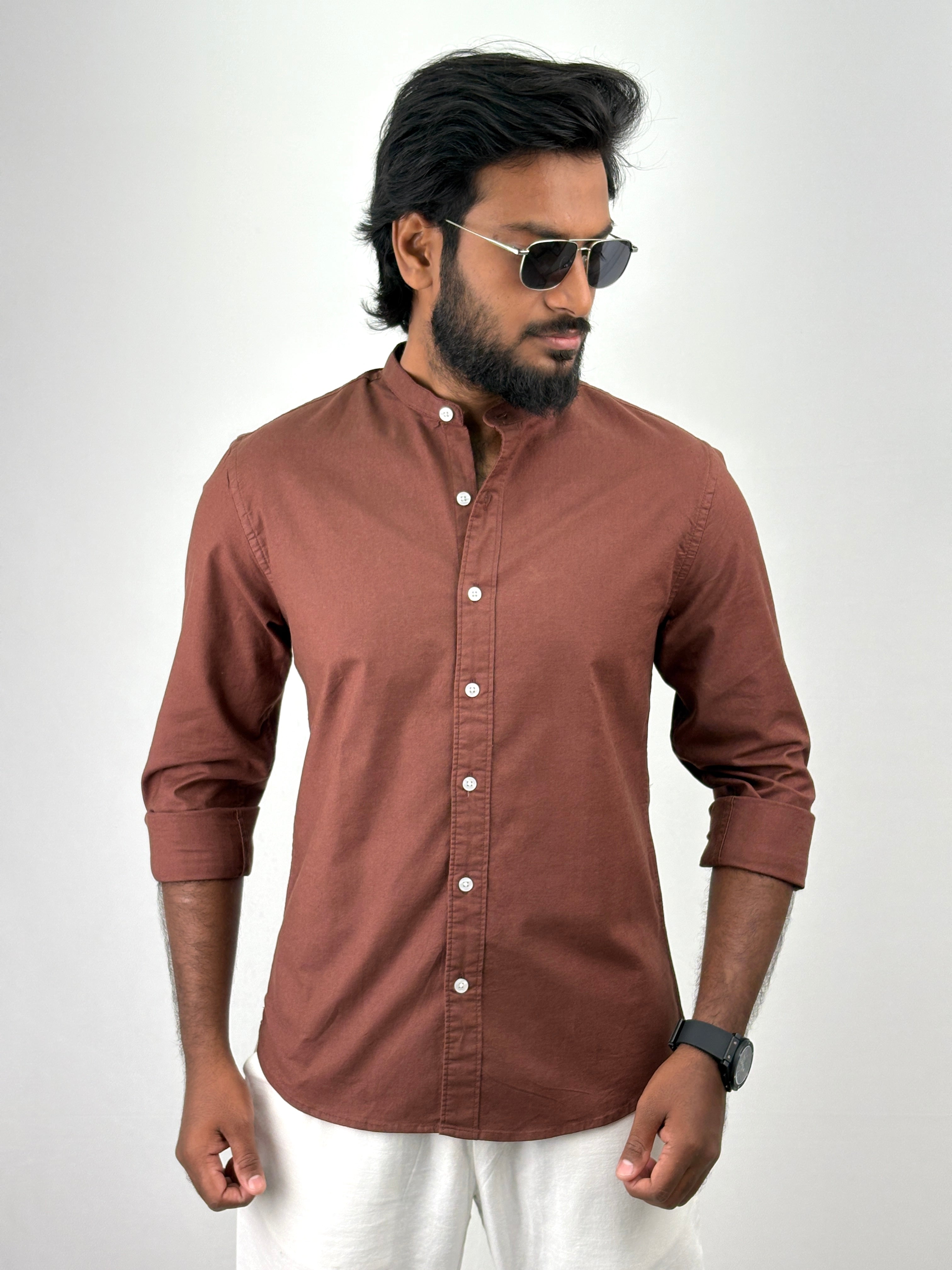 Brown Mandarin Collar shirt