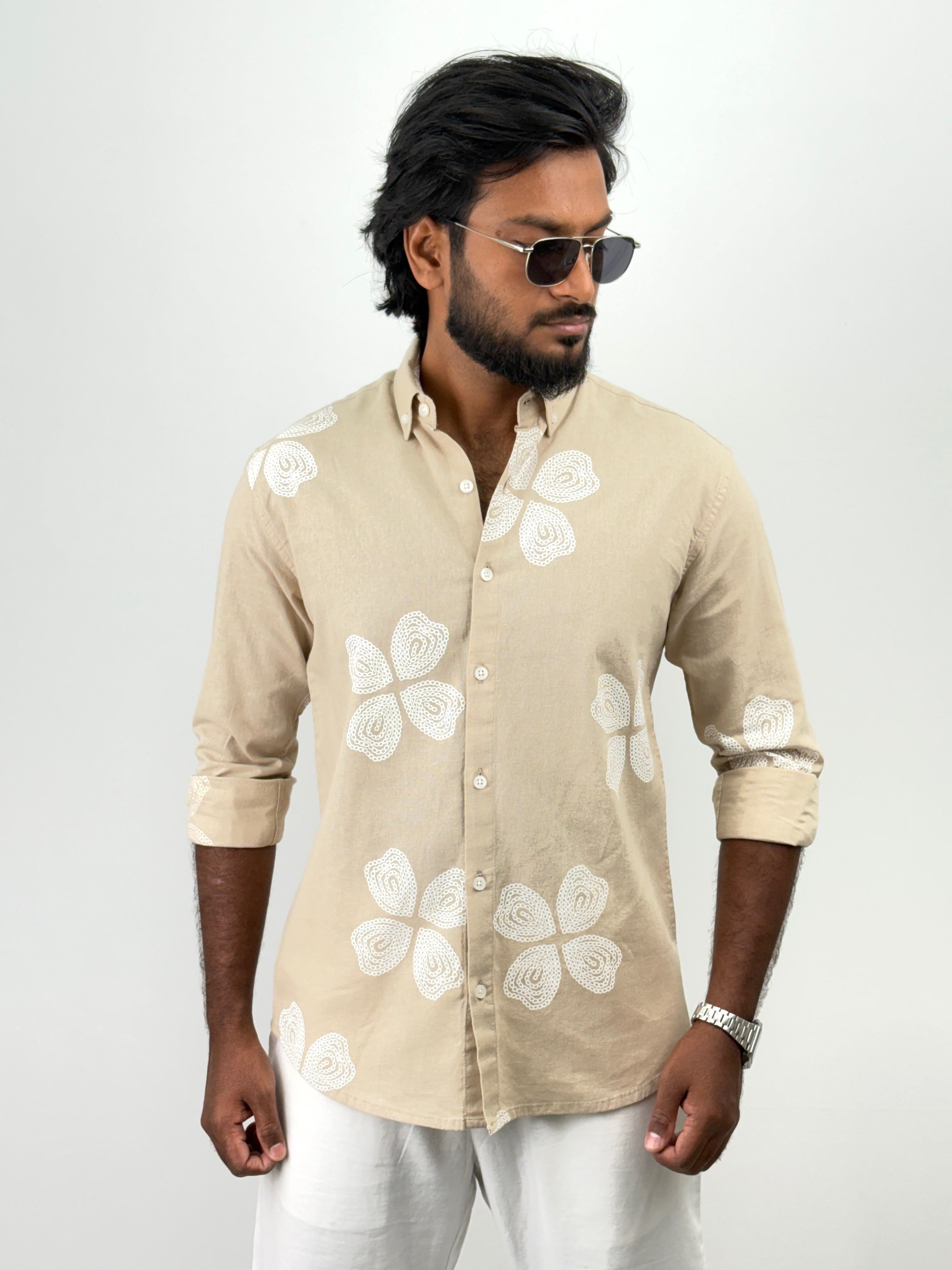 Beige Linen Printed Shirts