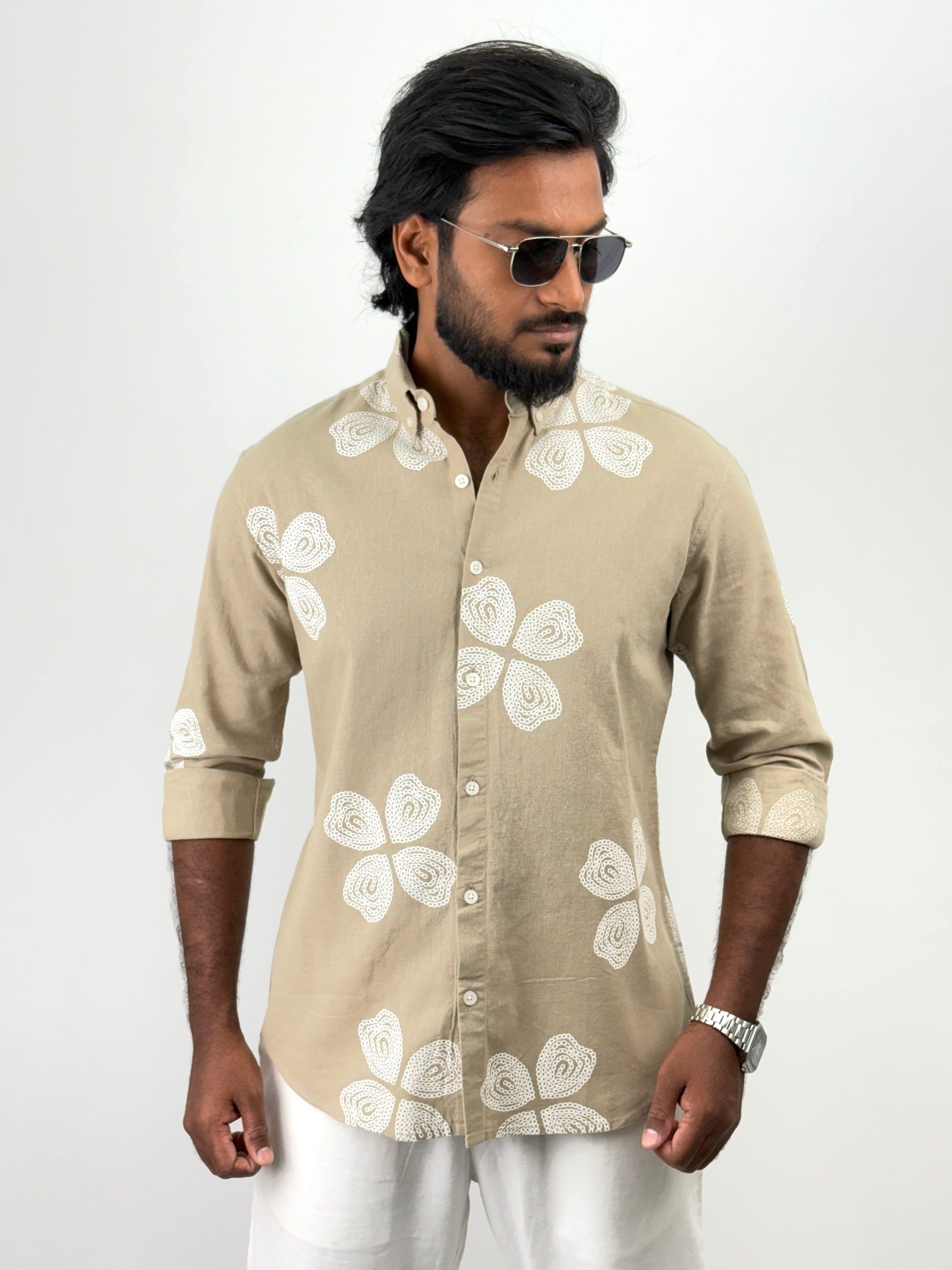 Dark Beige Linen Printed Shirts