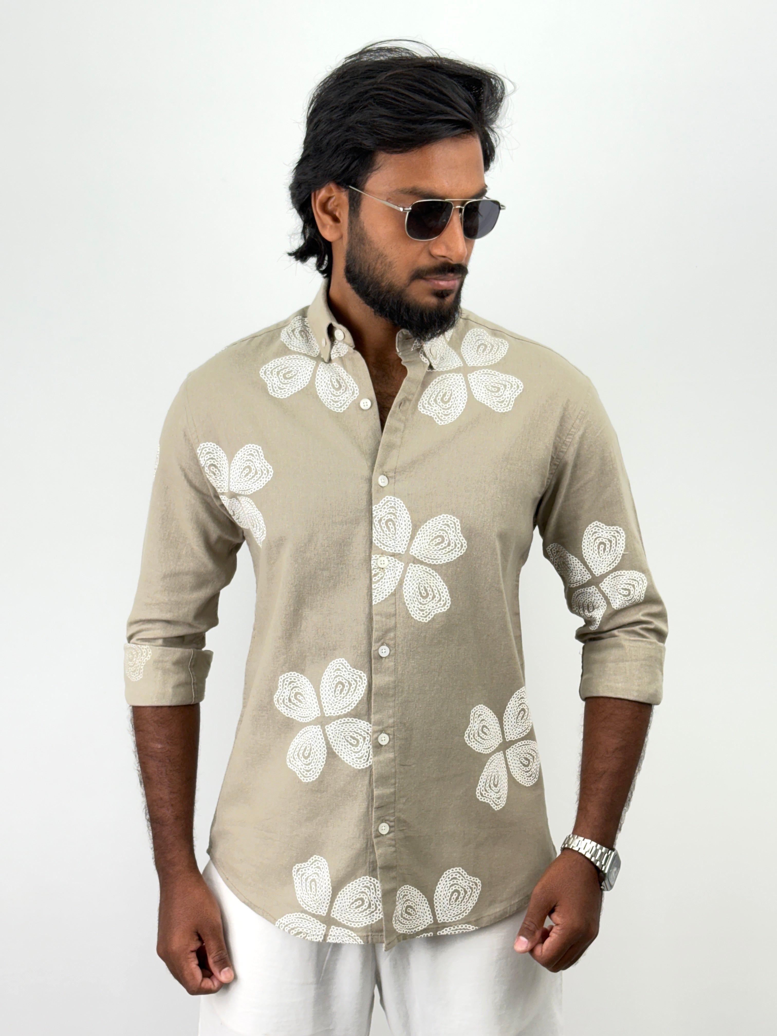 Olive Linen Printed Shirts