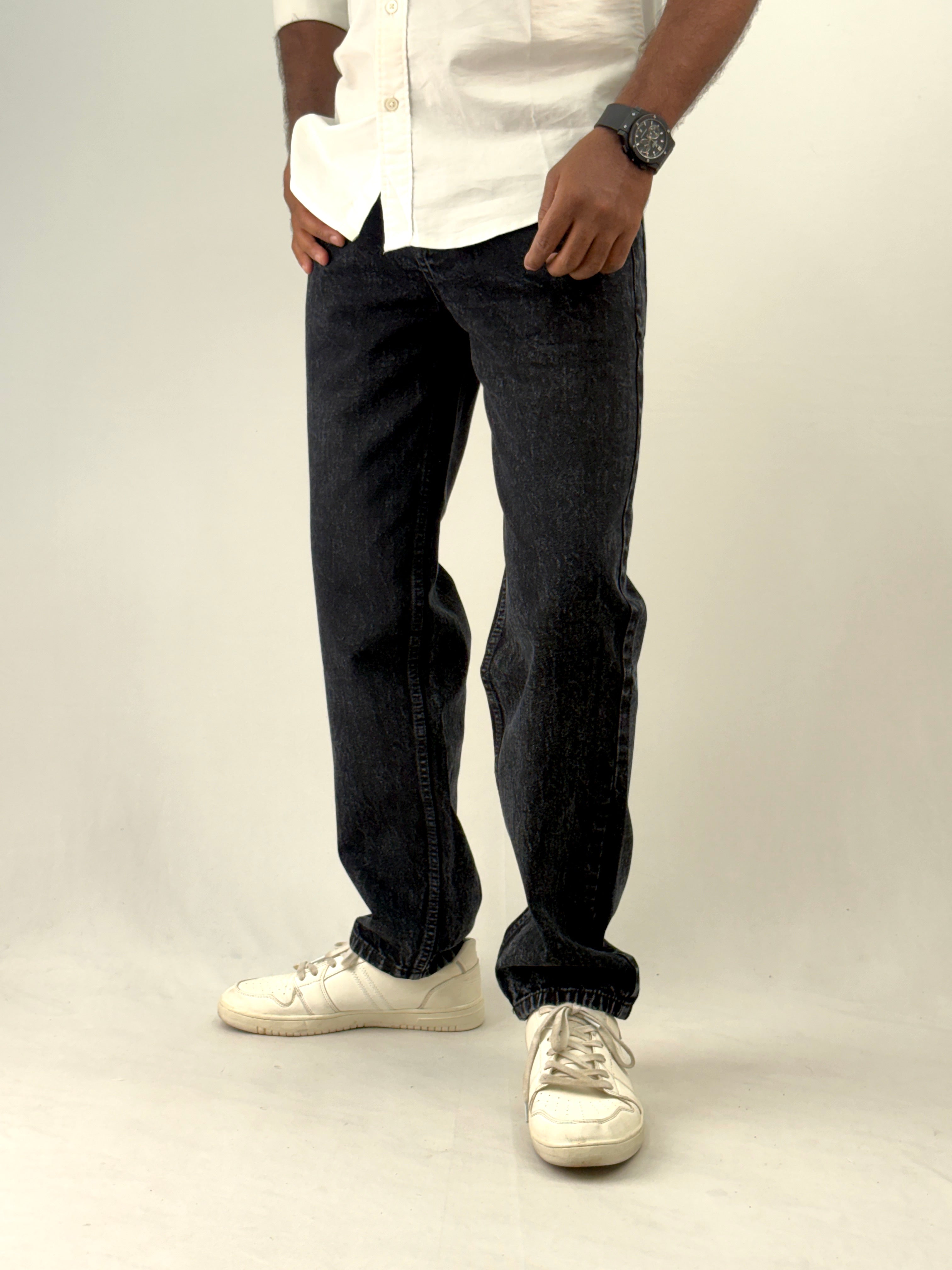 Black Acid Wash Semi Baggy Jean