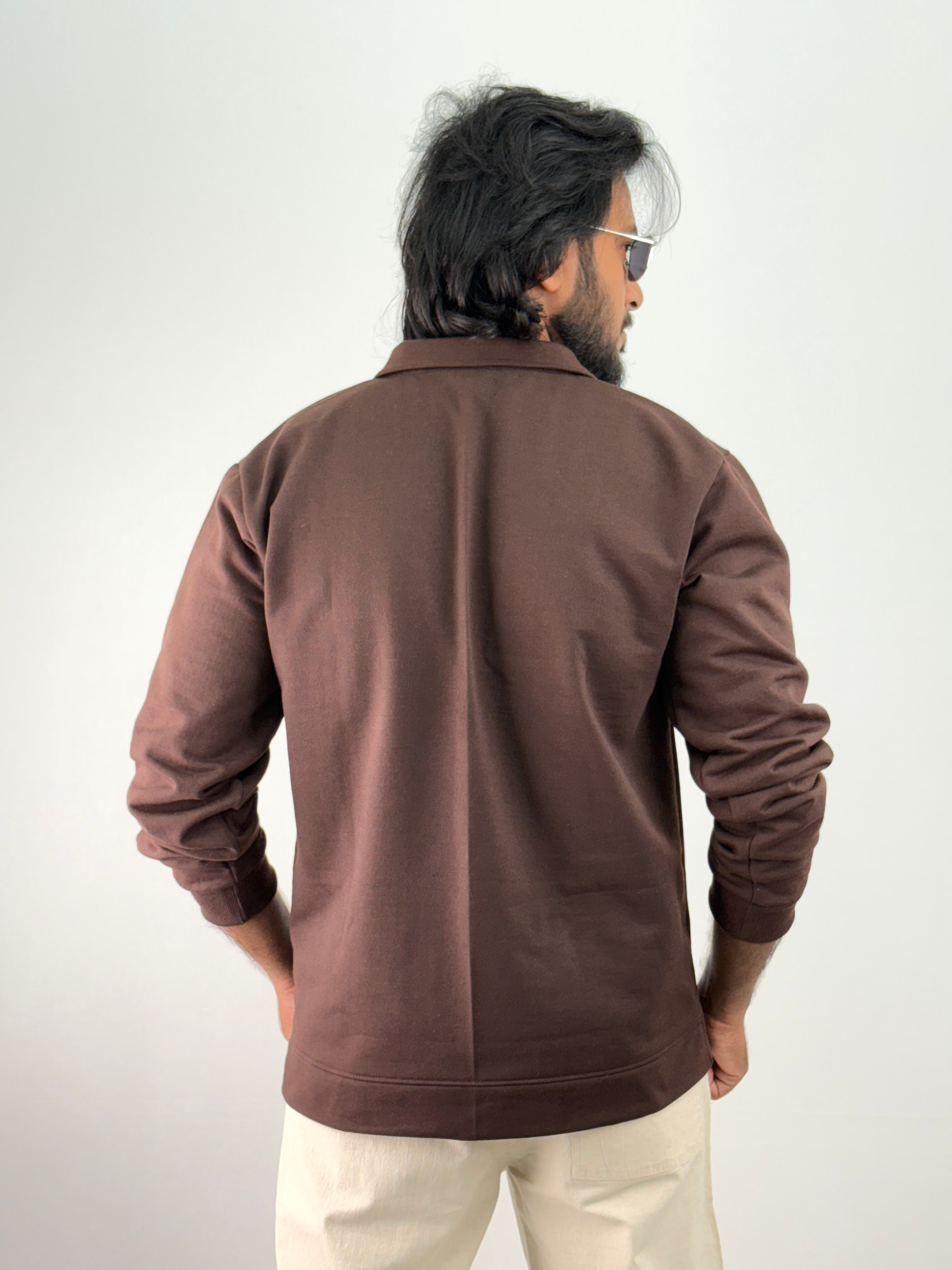 Brown Full Sleeve Zipper T-Shirt