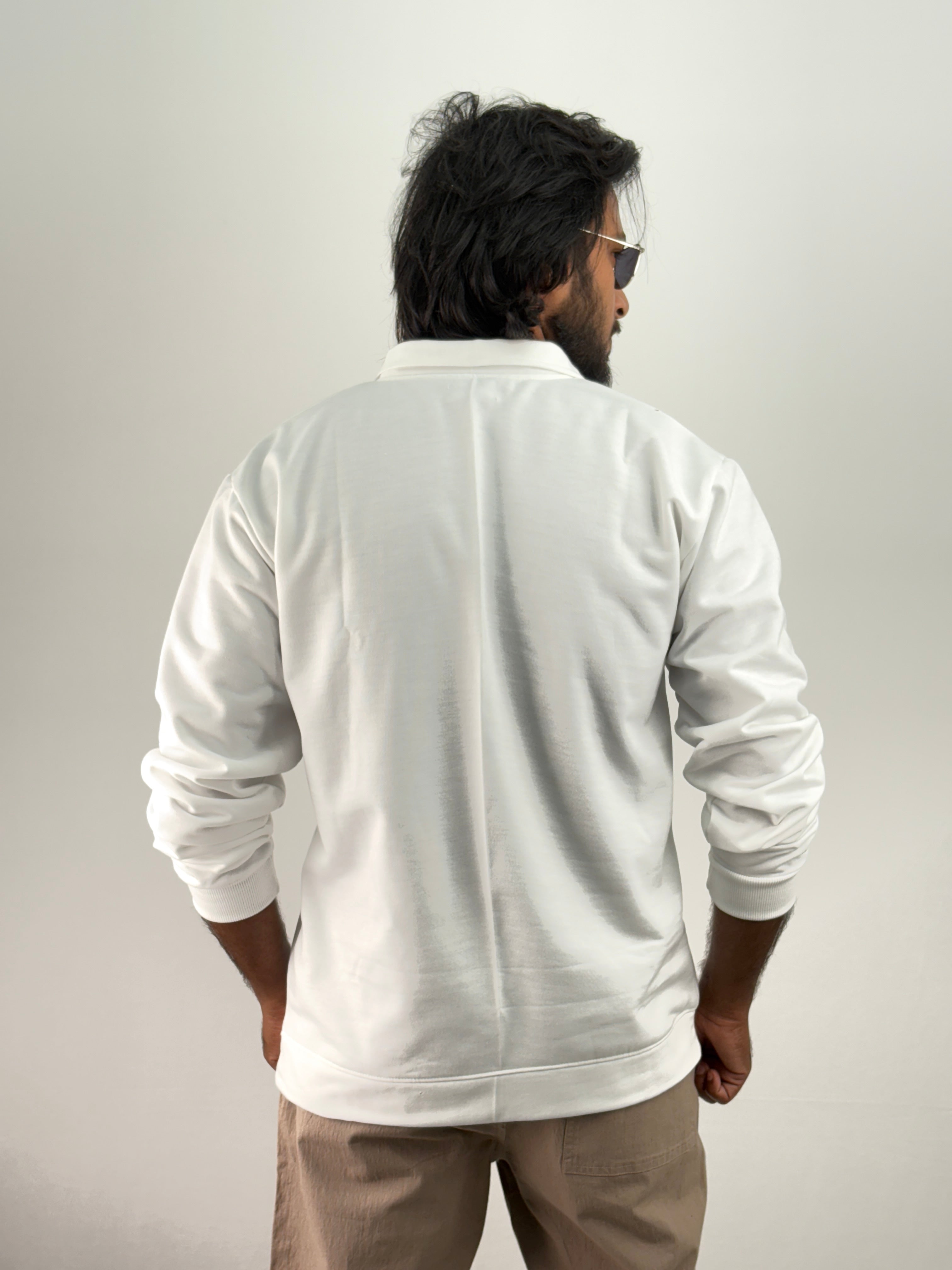 White Full Sleeve Zipper T-Shirt