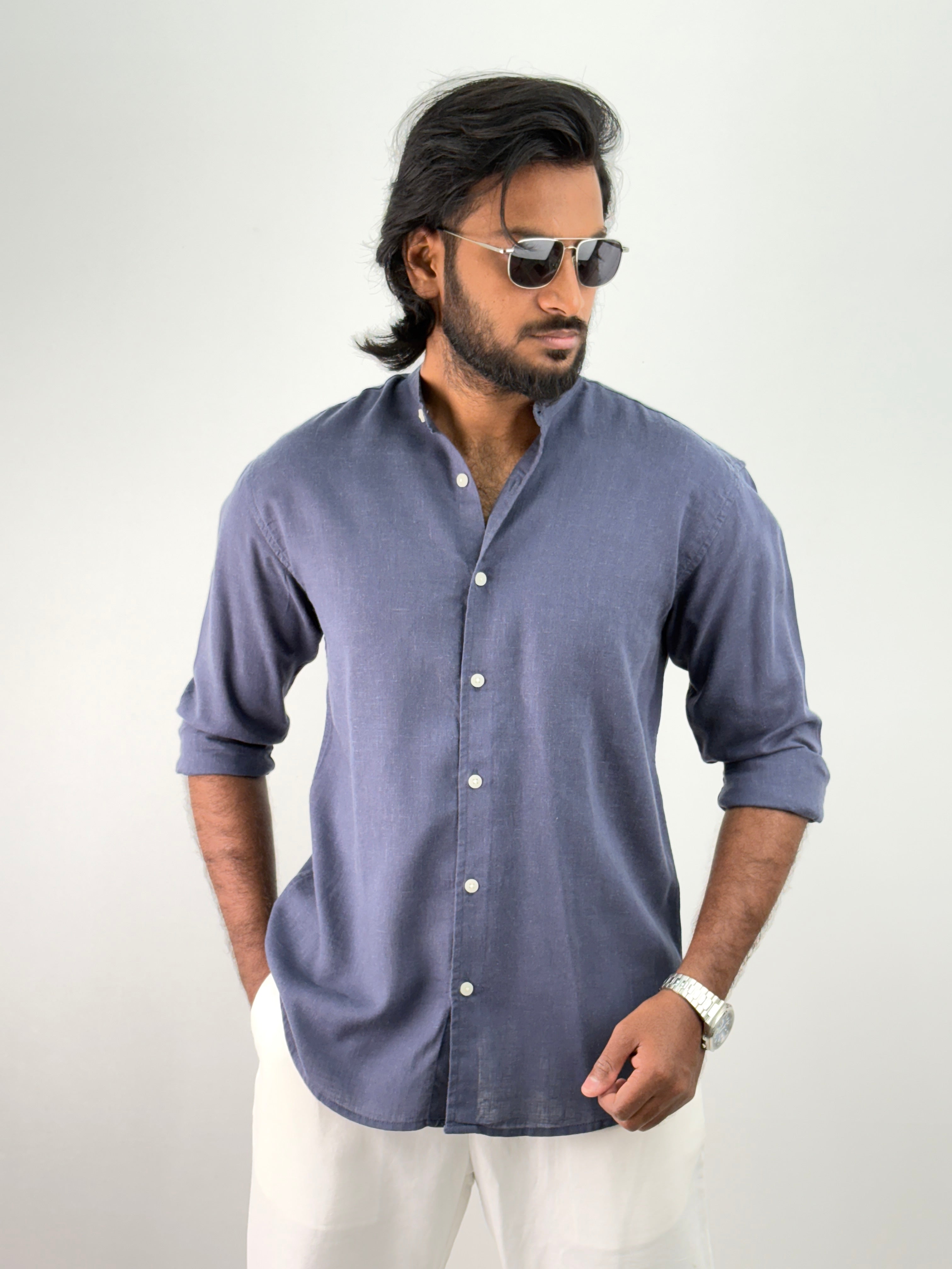 Blue Mandarin Collar Linen Shirt