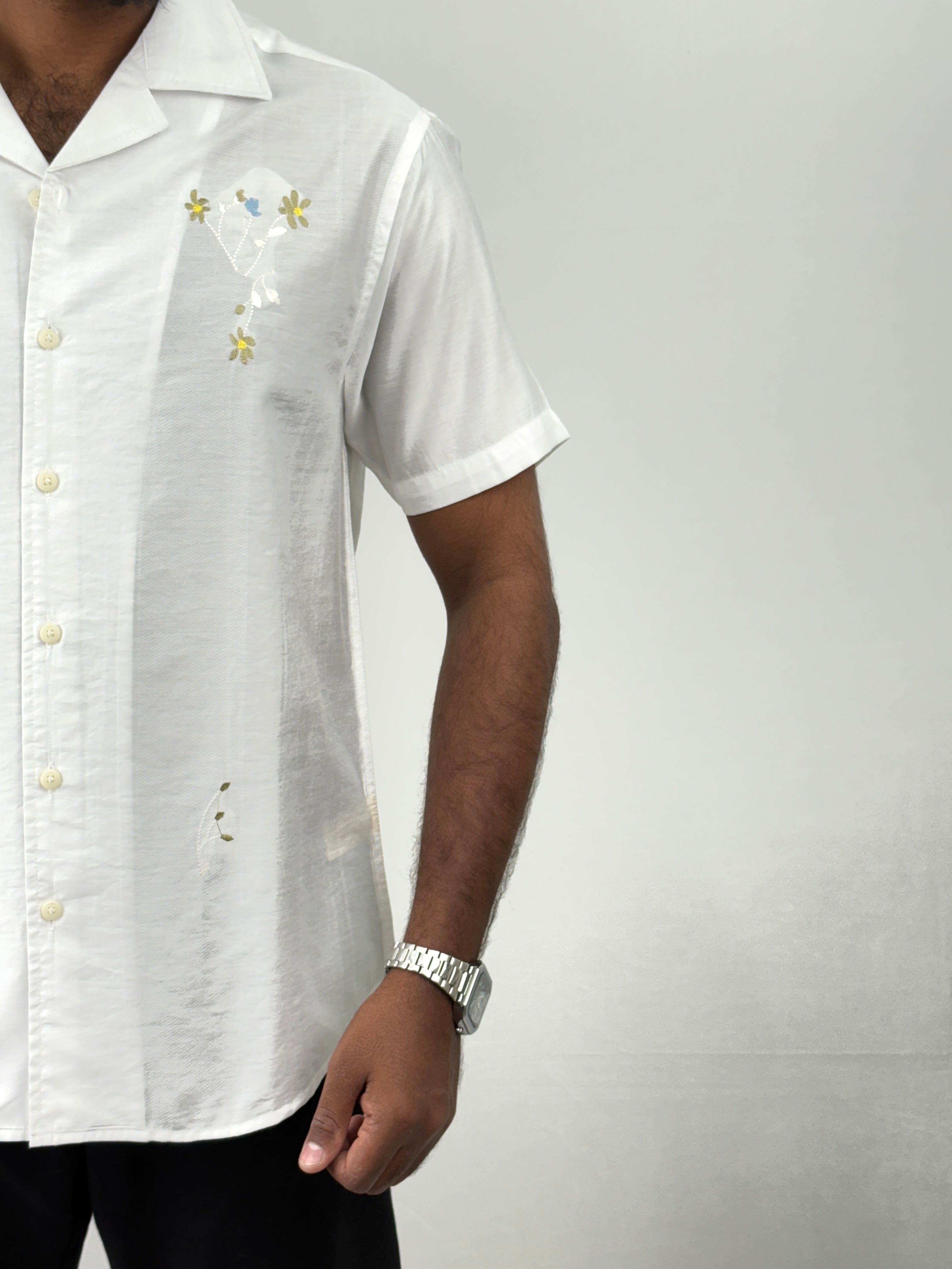 White Half Sleeve Embroidery Shirt