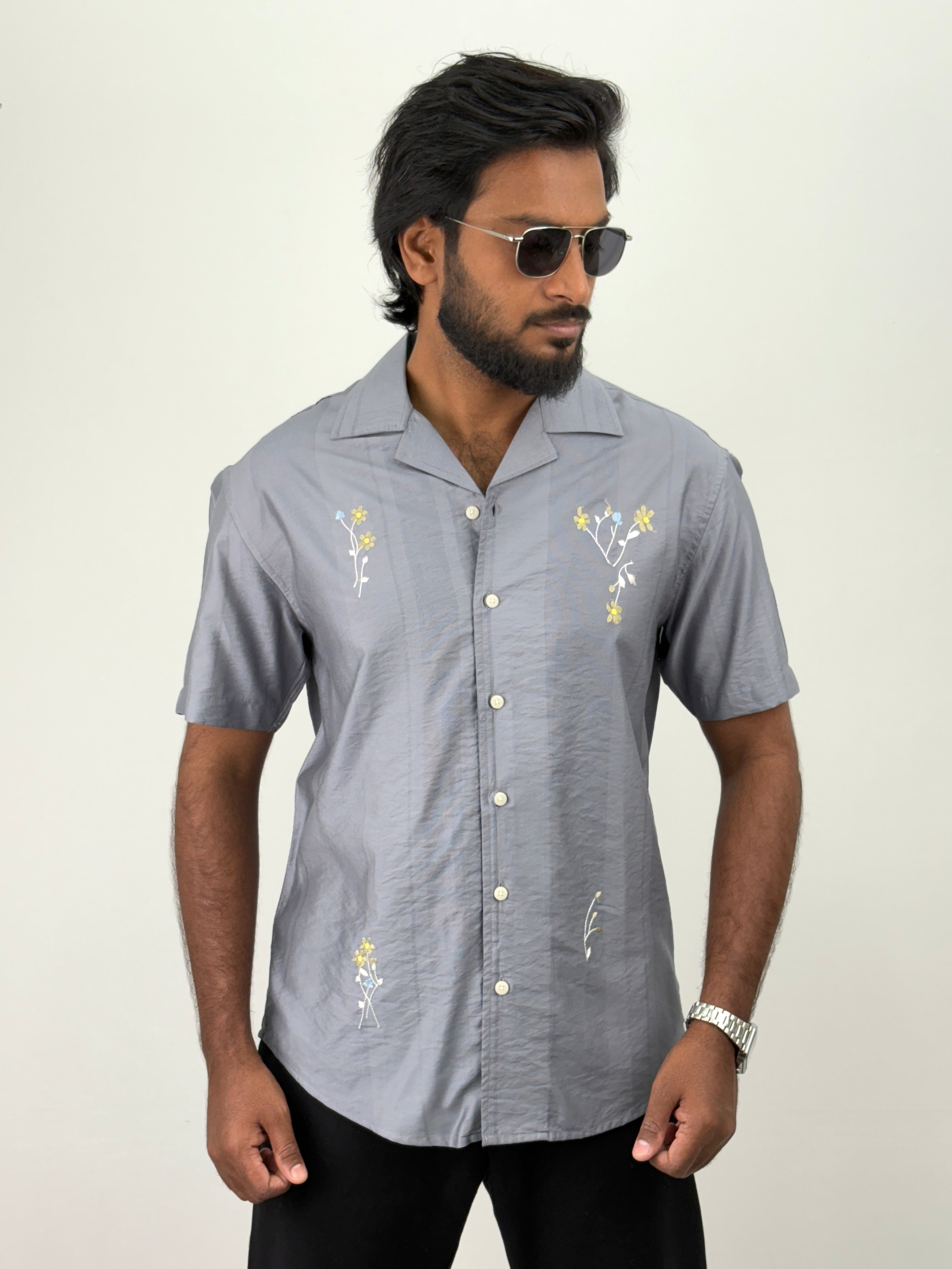 Grey Half Sleeve Embroidery Shirt