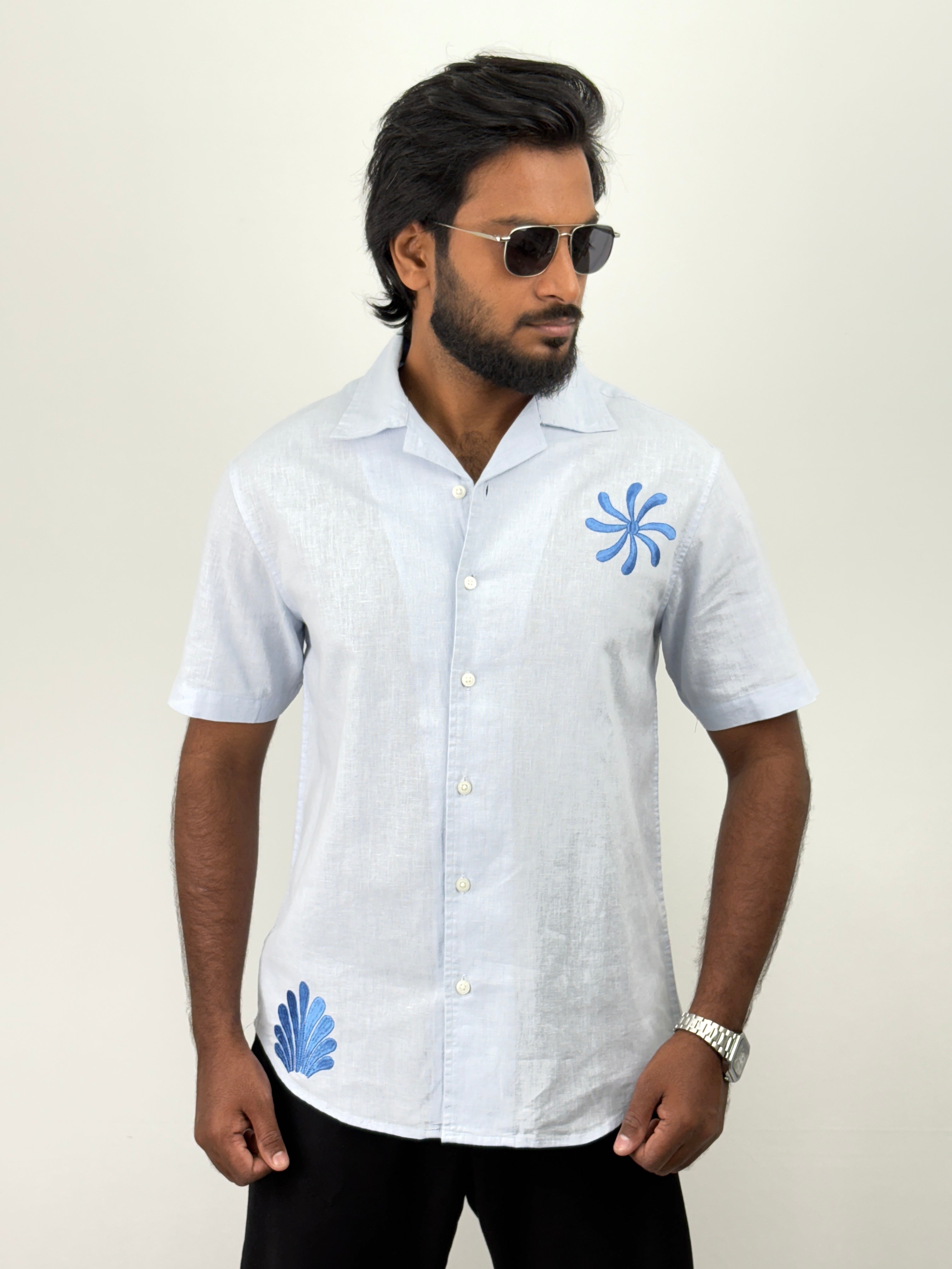 Ice Blue Half Sleeve Embroidery Shirt