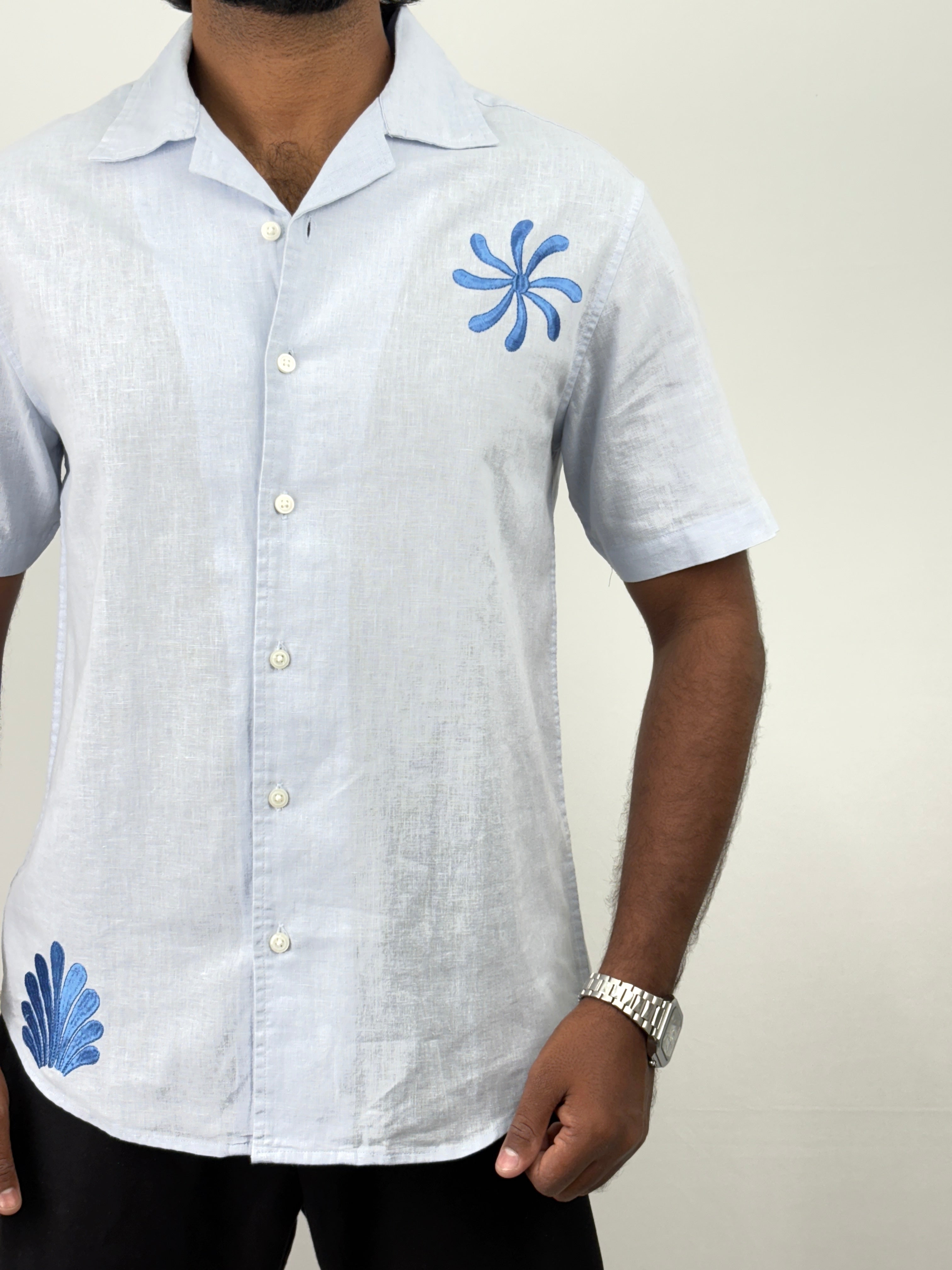 Ice Blue Half Sleeve Embroidery Shirt