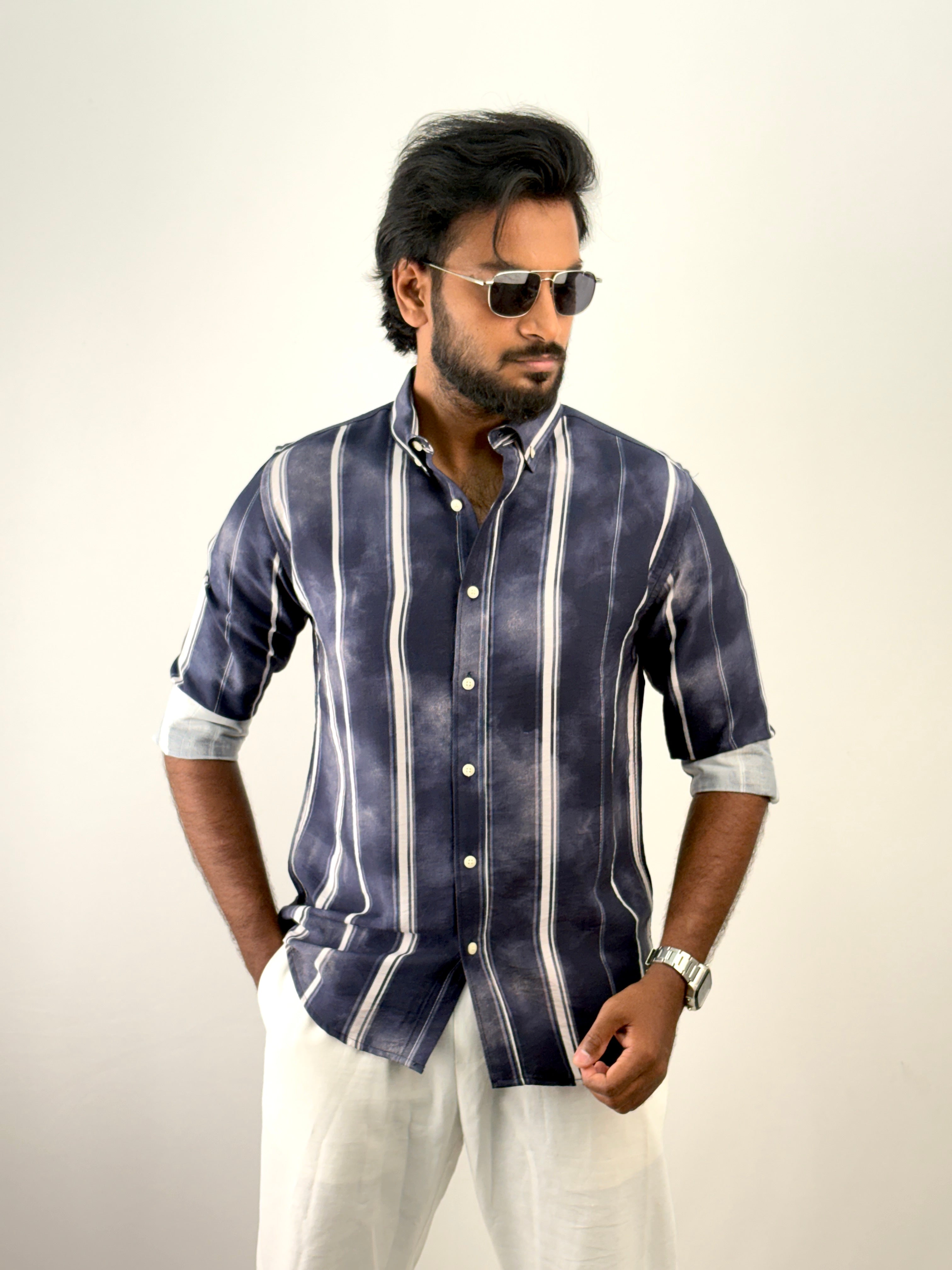 Navy Acid Wash Stripe Shirt