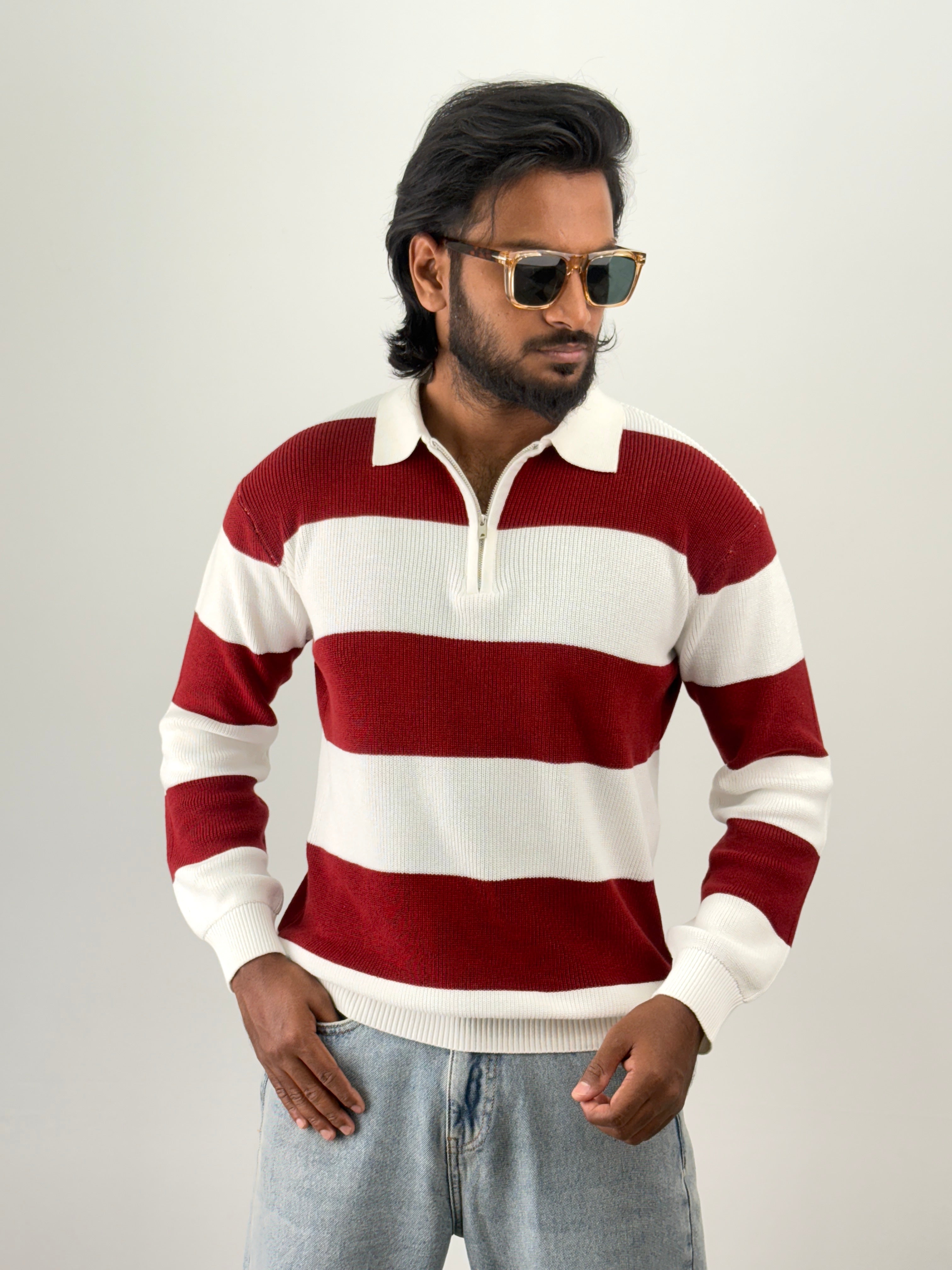 White Red Full Sleeve Zipper T-Shirt