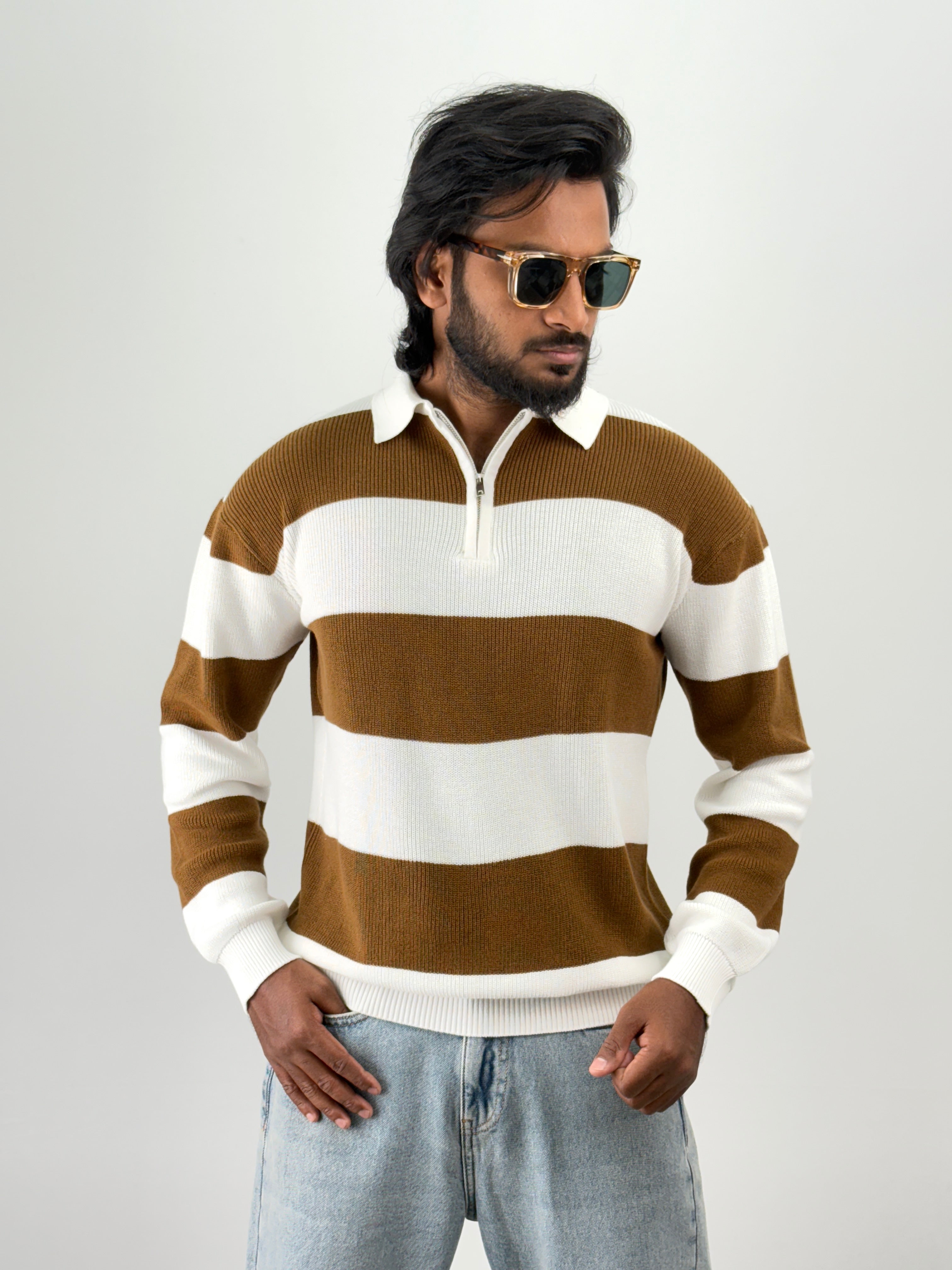 White Brown Full Sleeve Zipper T-Shirt