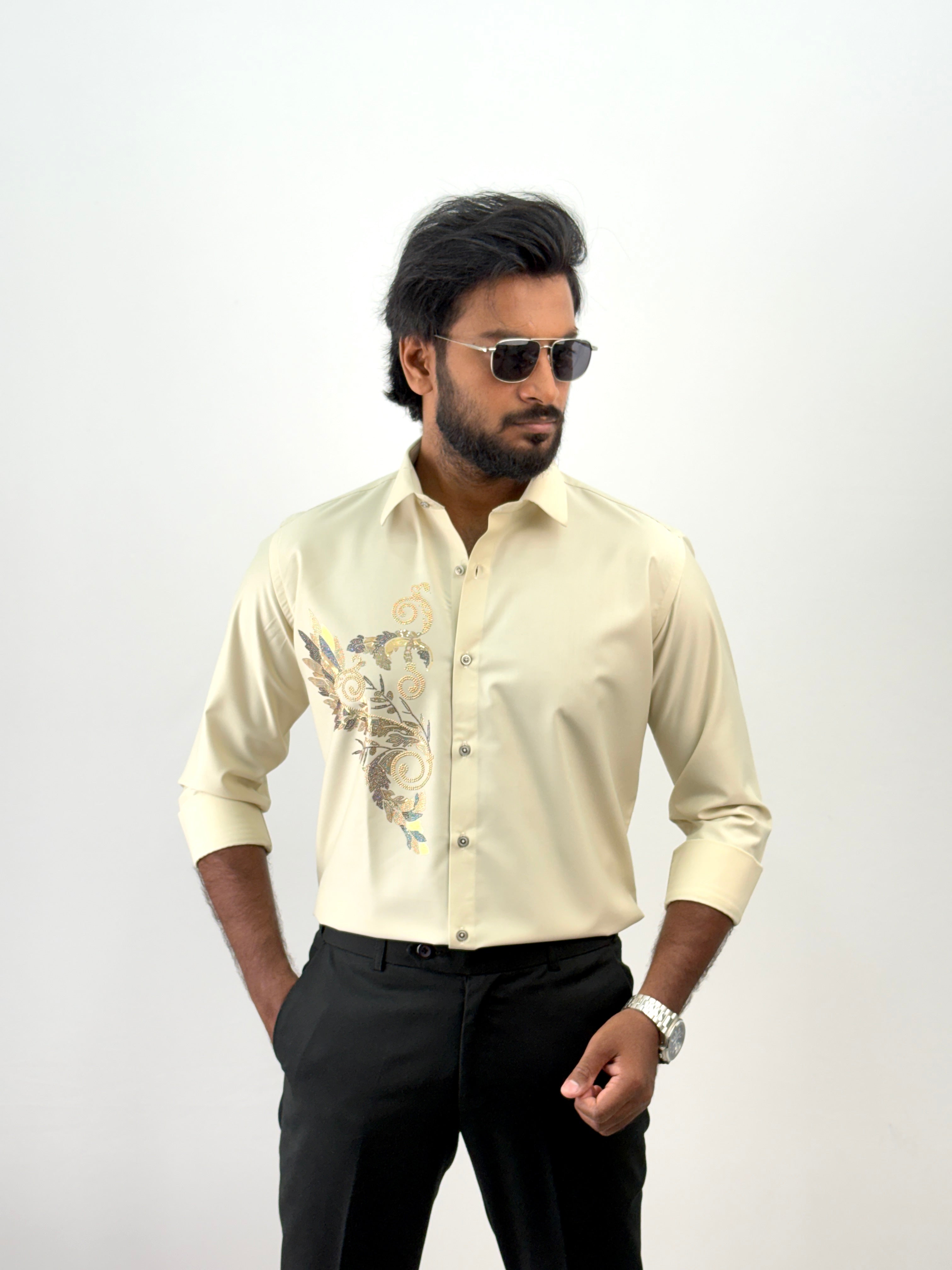 Cream Luxury Designer Stone Work Shirt 17