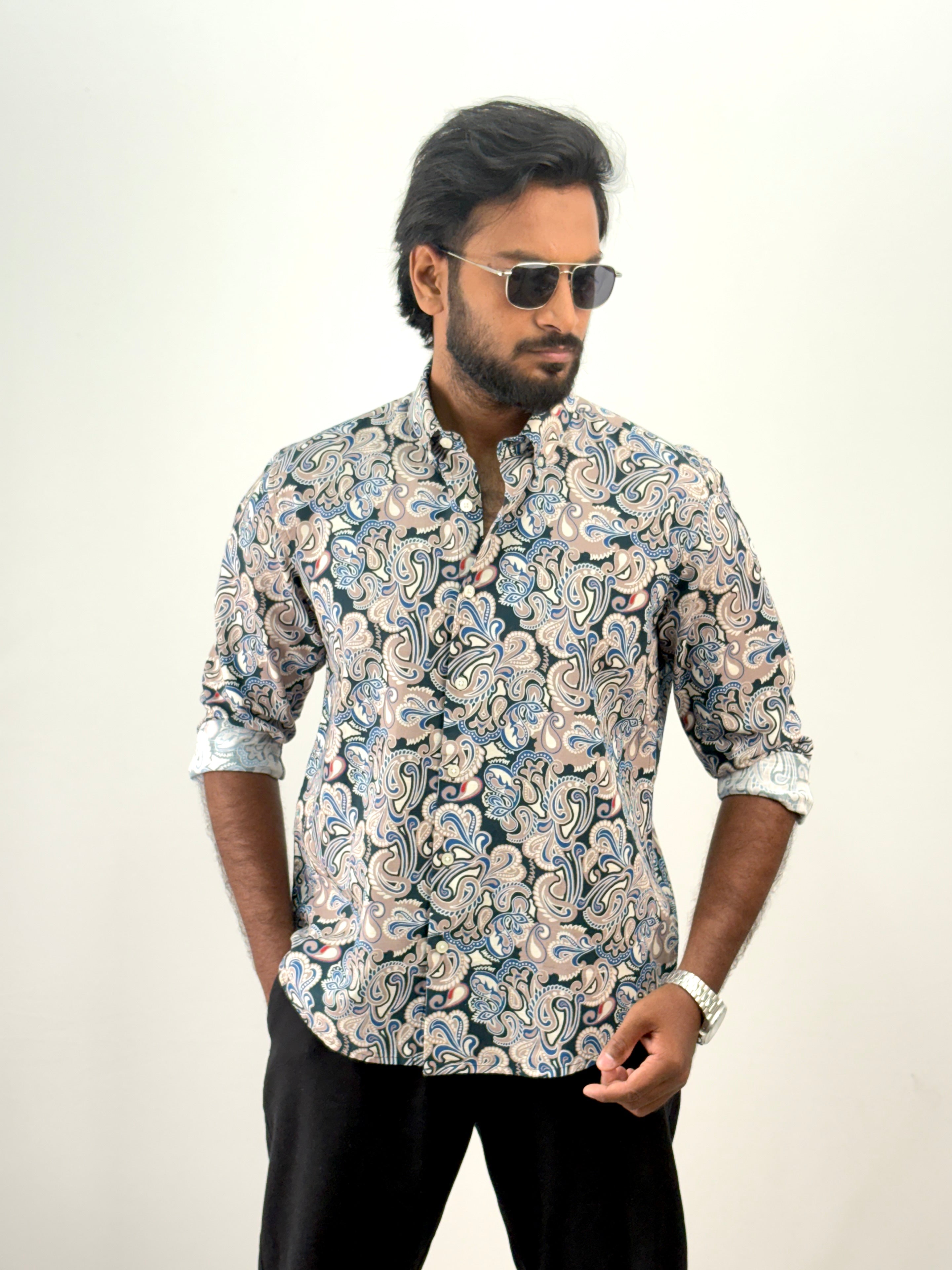 Blue Linen Printed Shirt