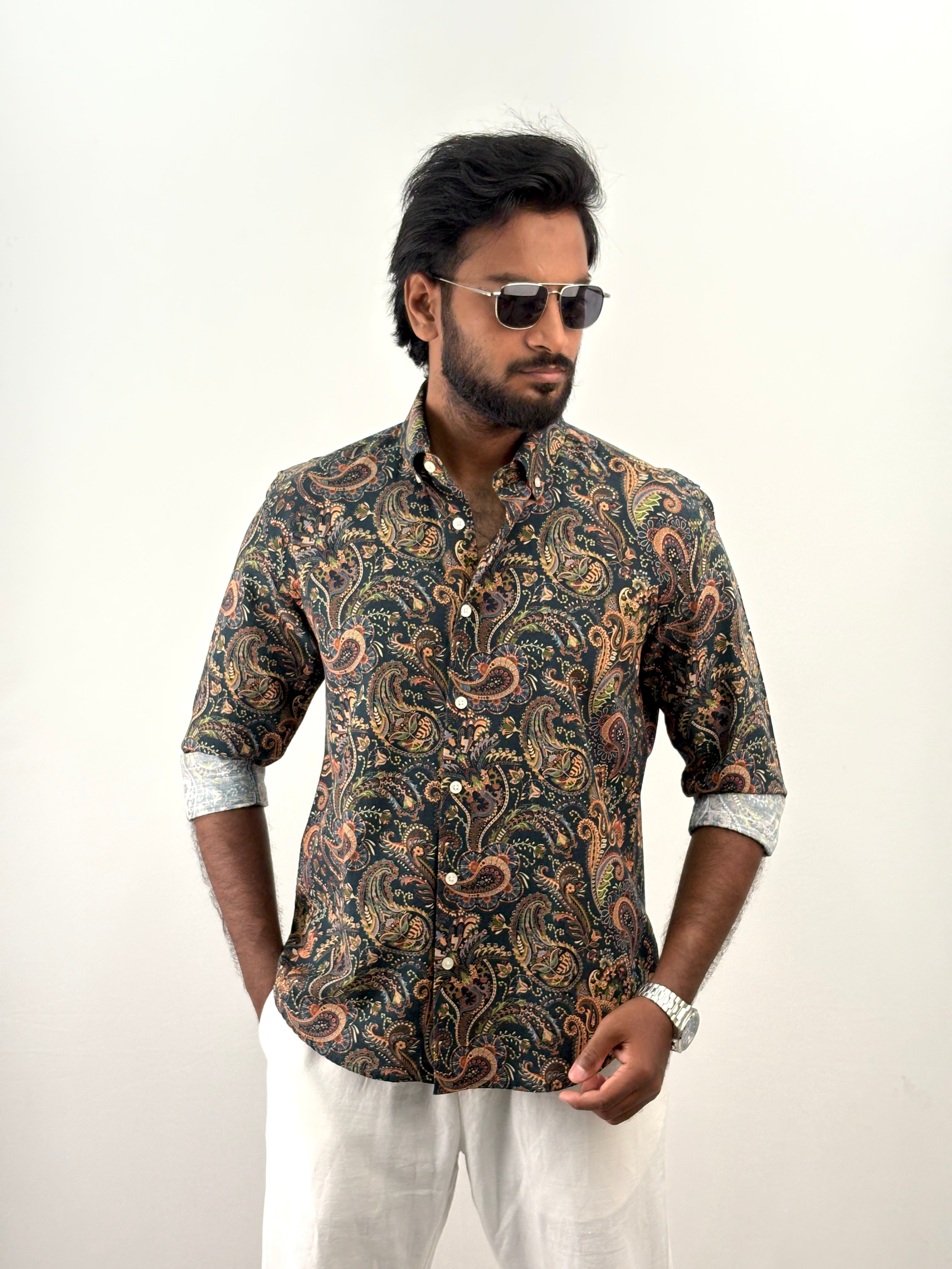 Green Linen Printed Shirt