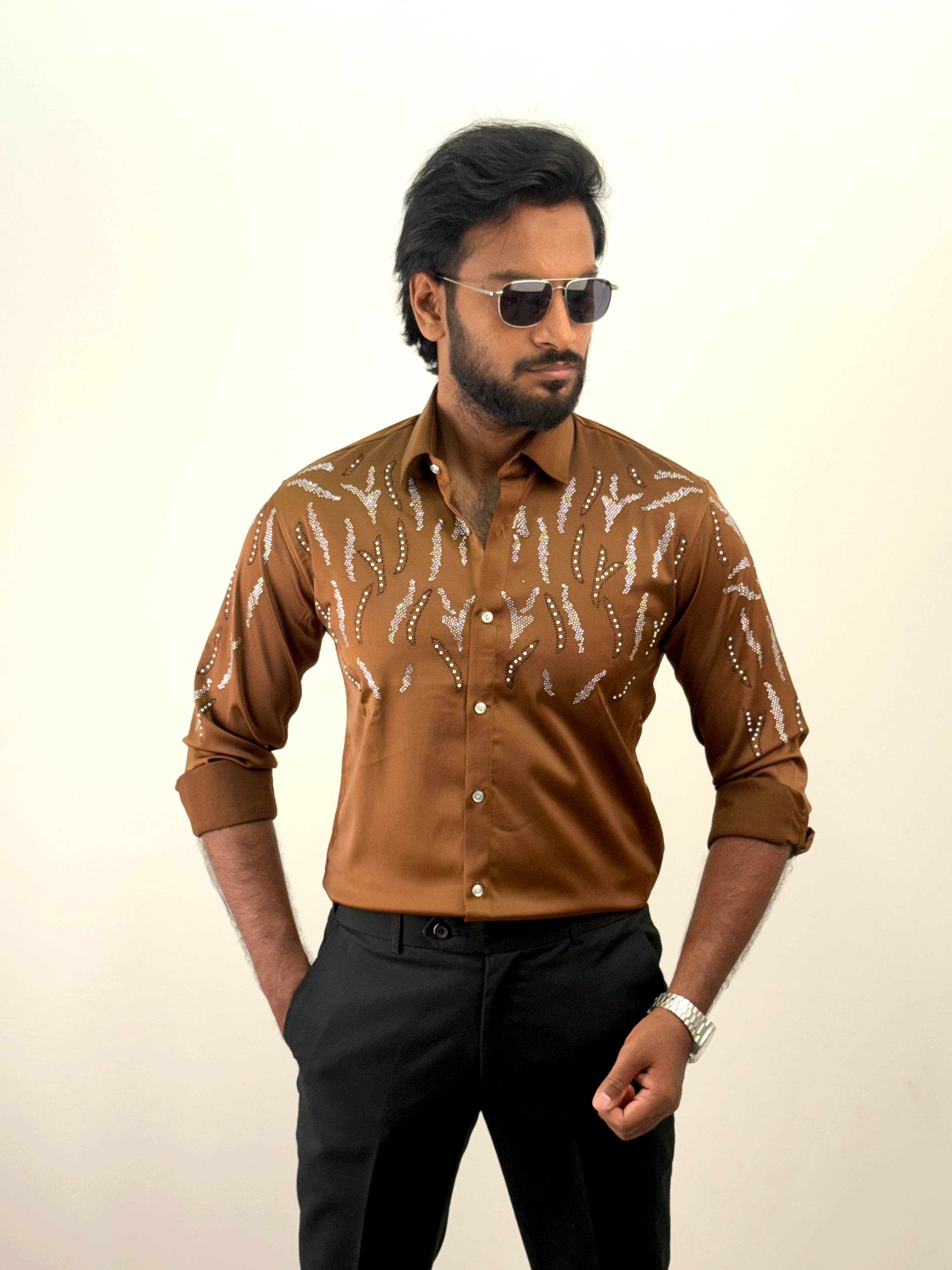 Brown Designer Stone Work Shirt 18