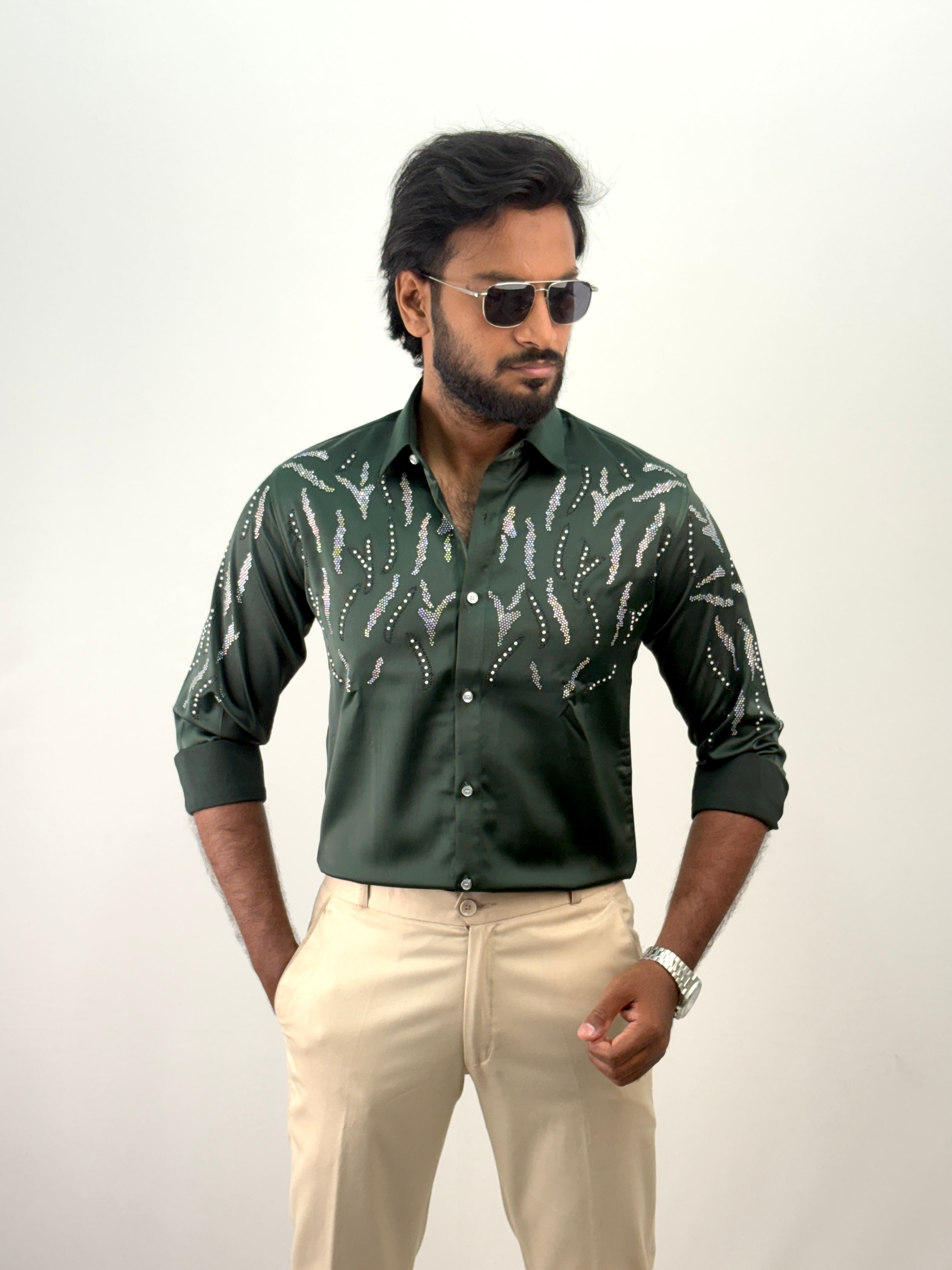 Dark Green Designer Stone Work Shirt 18