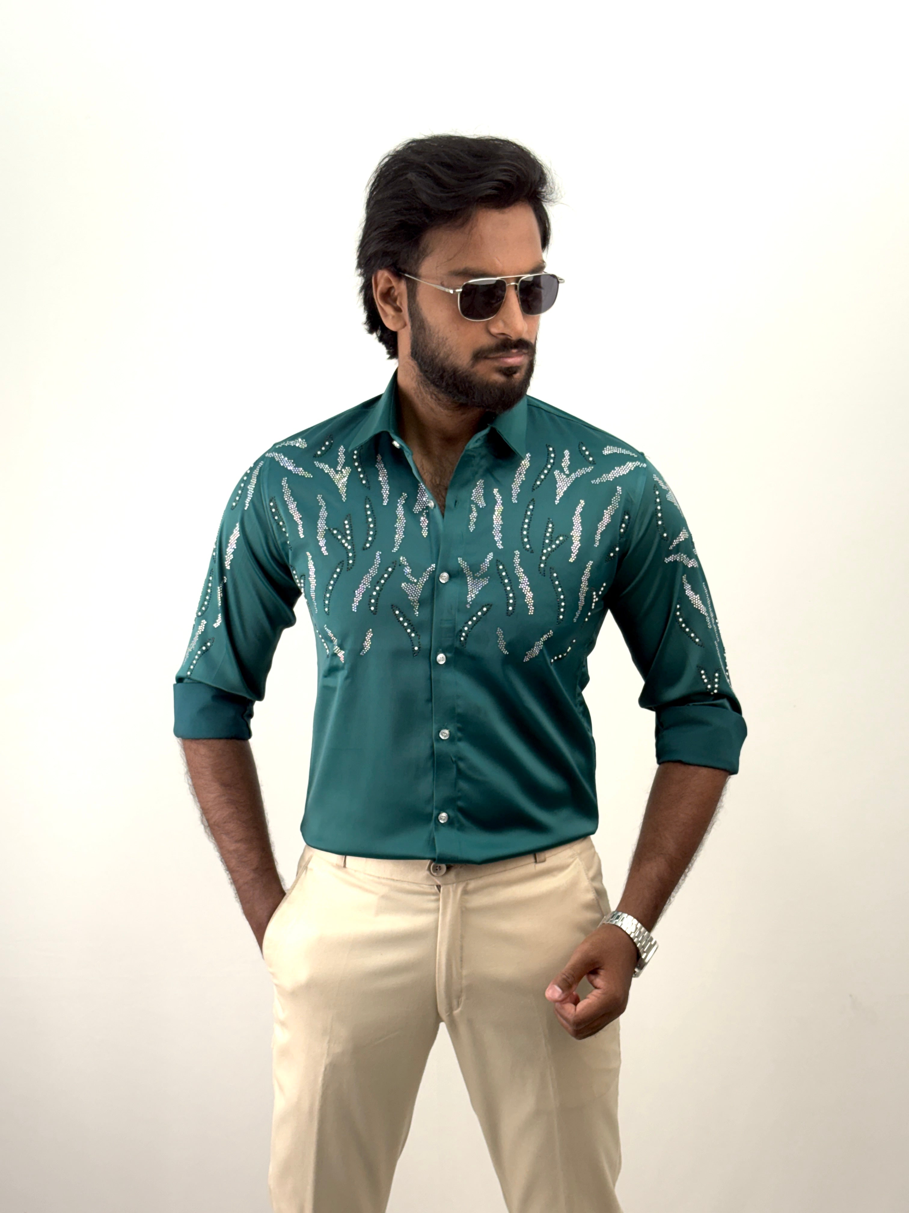 Green Designer Stone Work Shirt 18