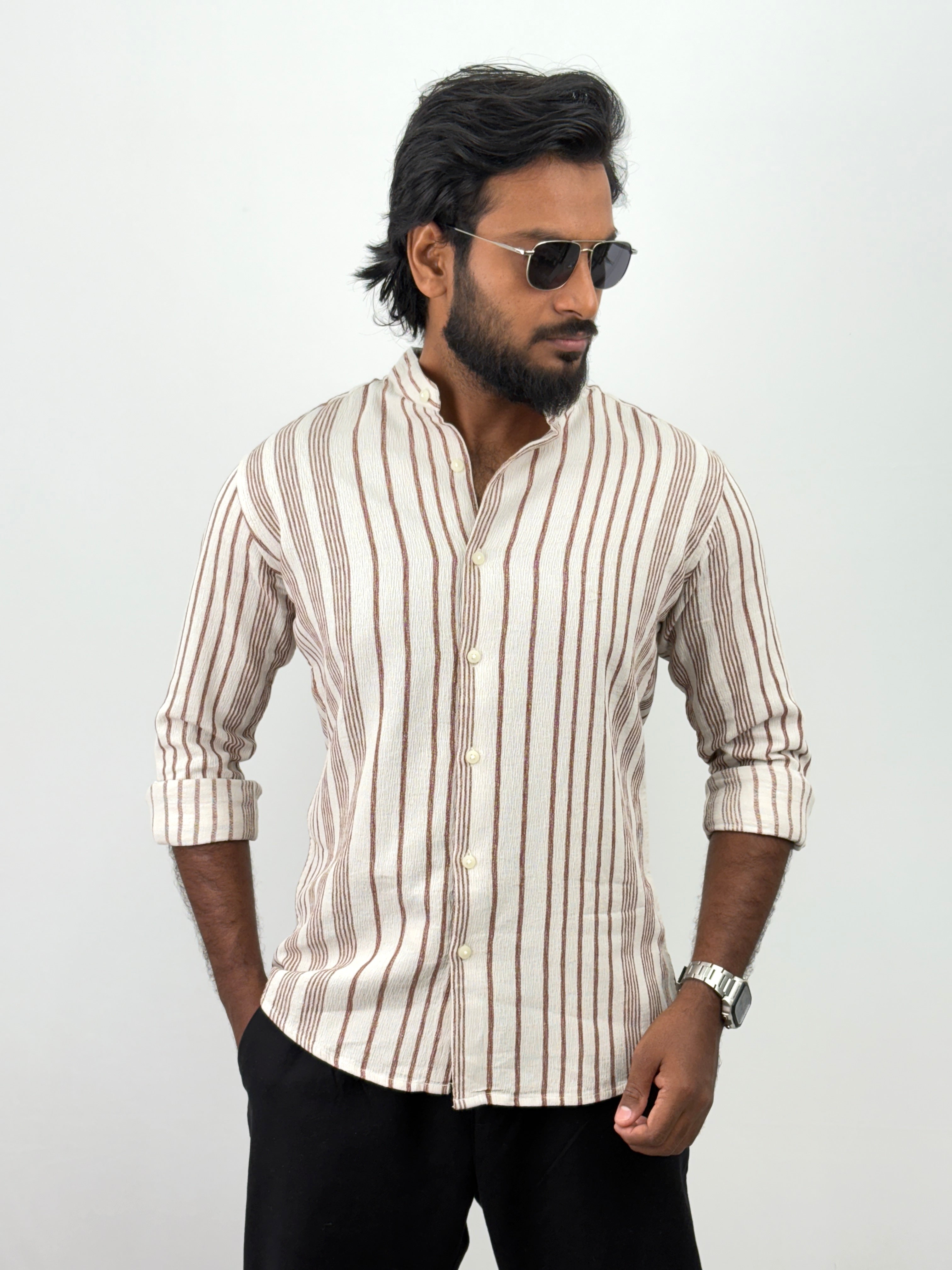 Beige Brown Mandarin Collar Shirt