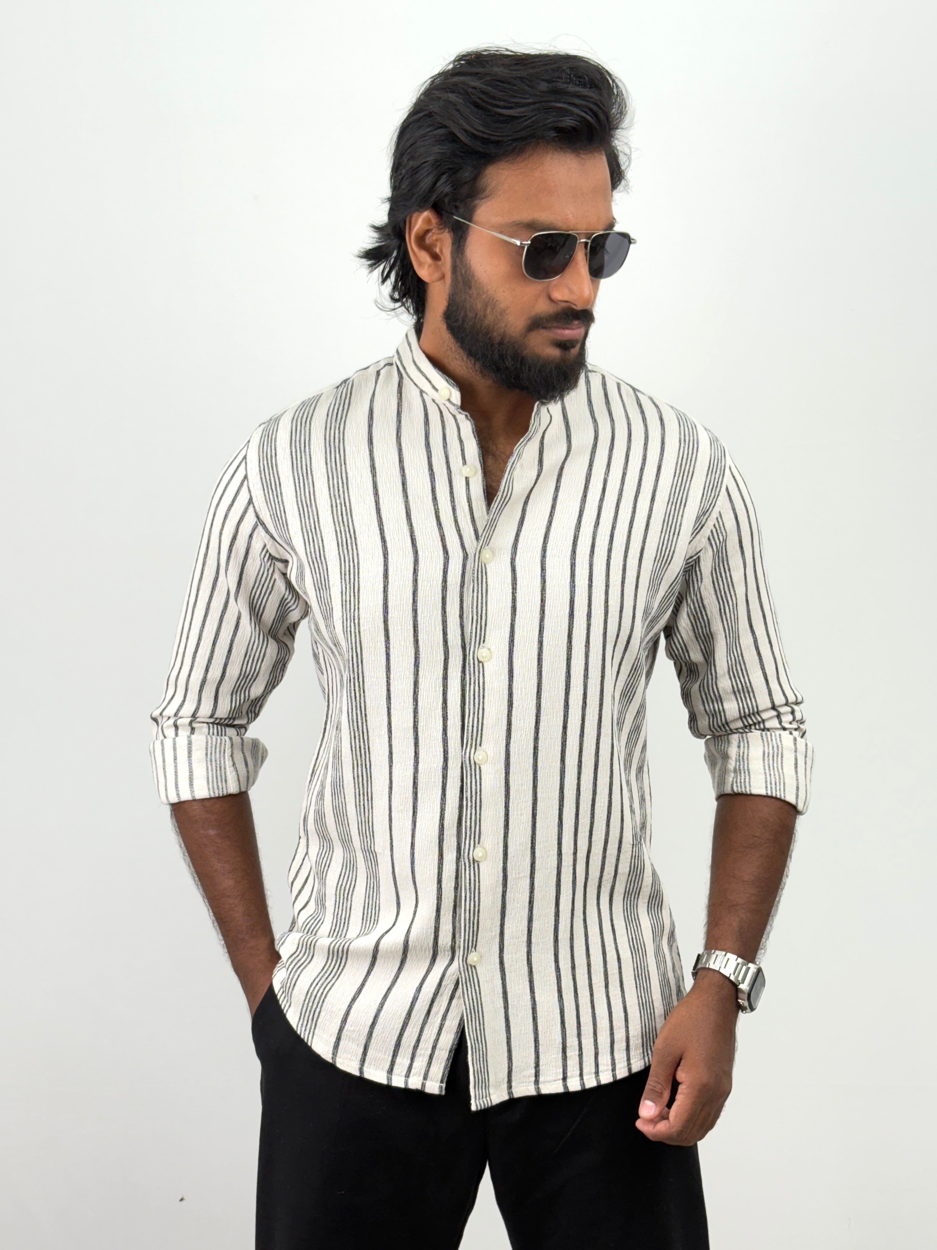 Beige Black Mandarin Collar Shirt