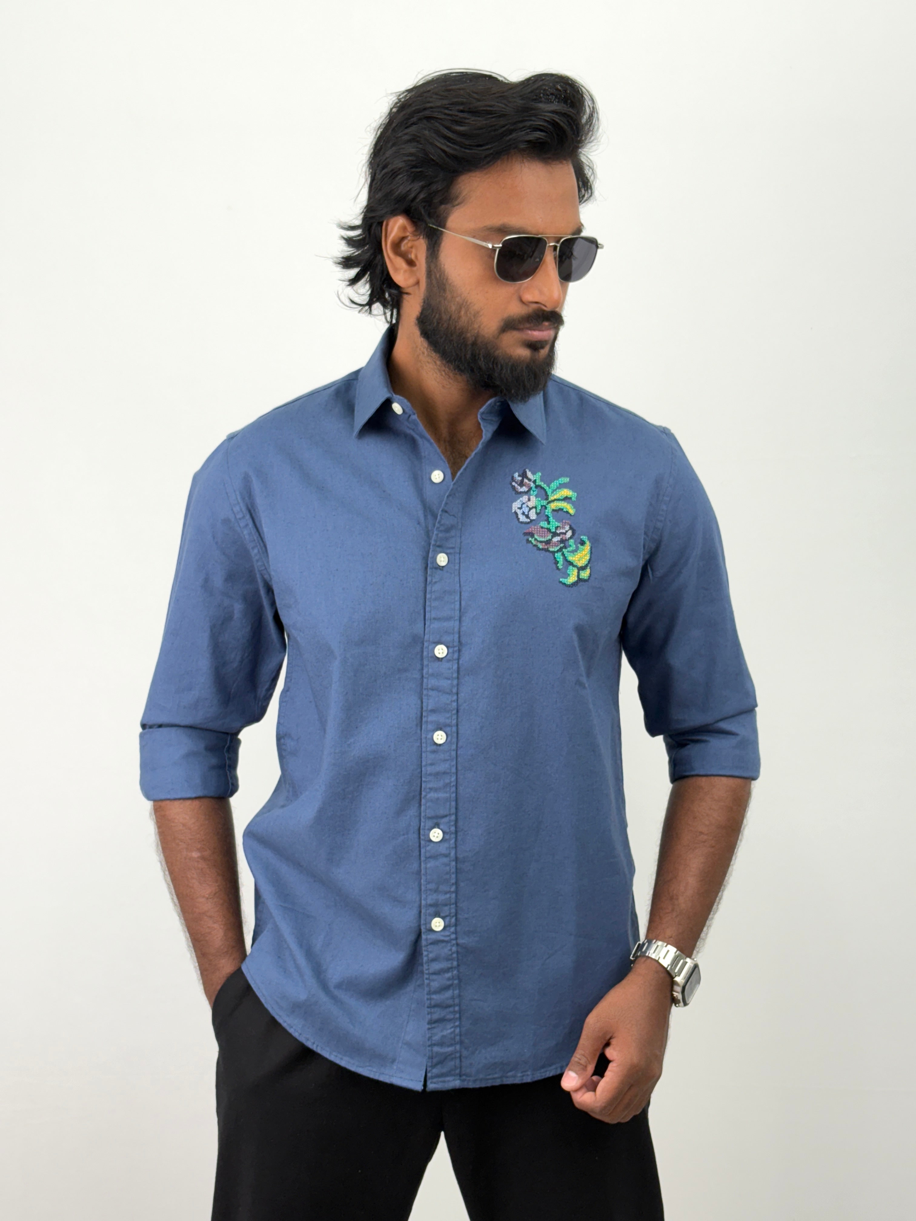 Blue Linen Embroidery Shirts