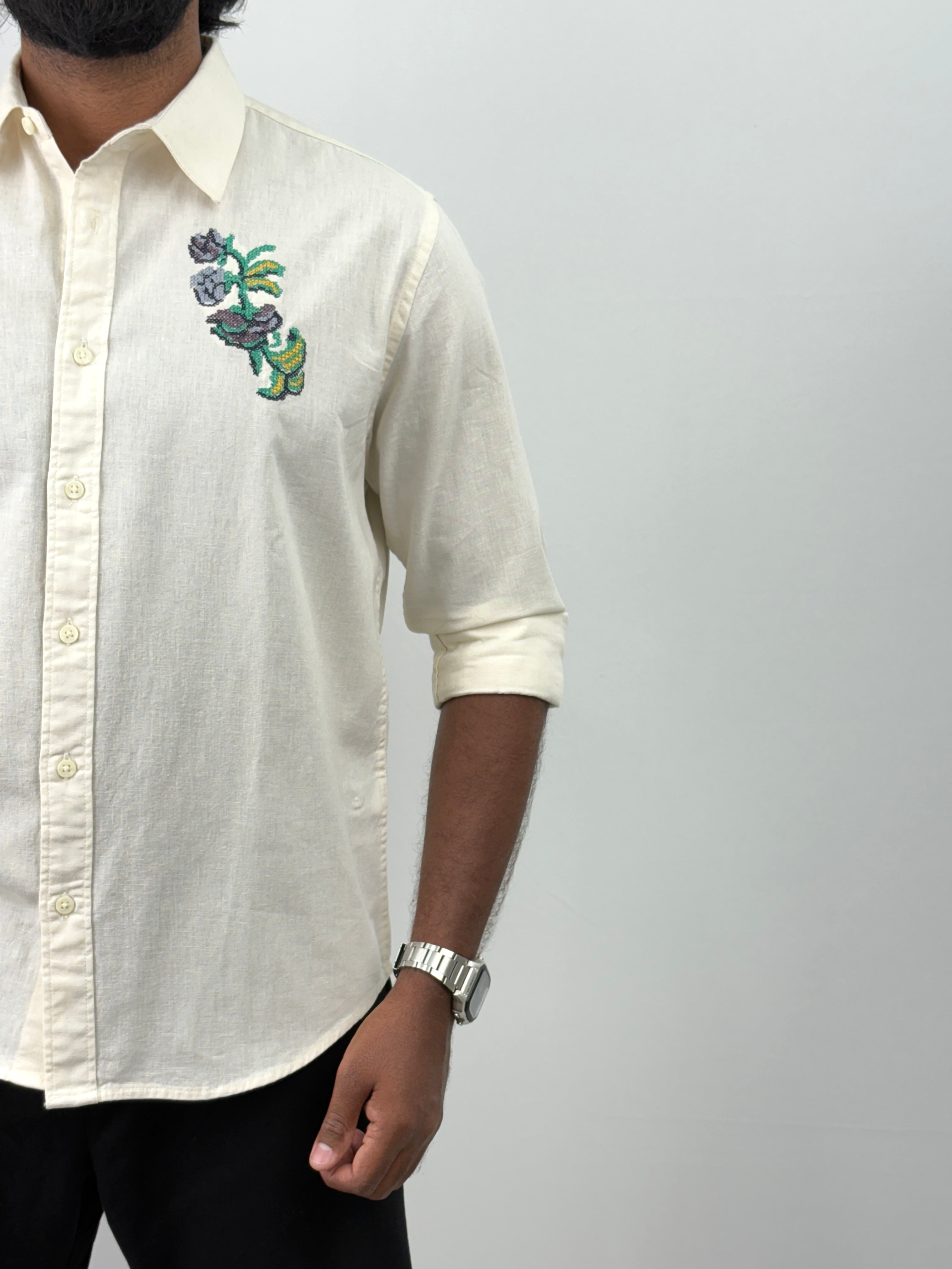 Cream Linen Embroidery Shirts