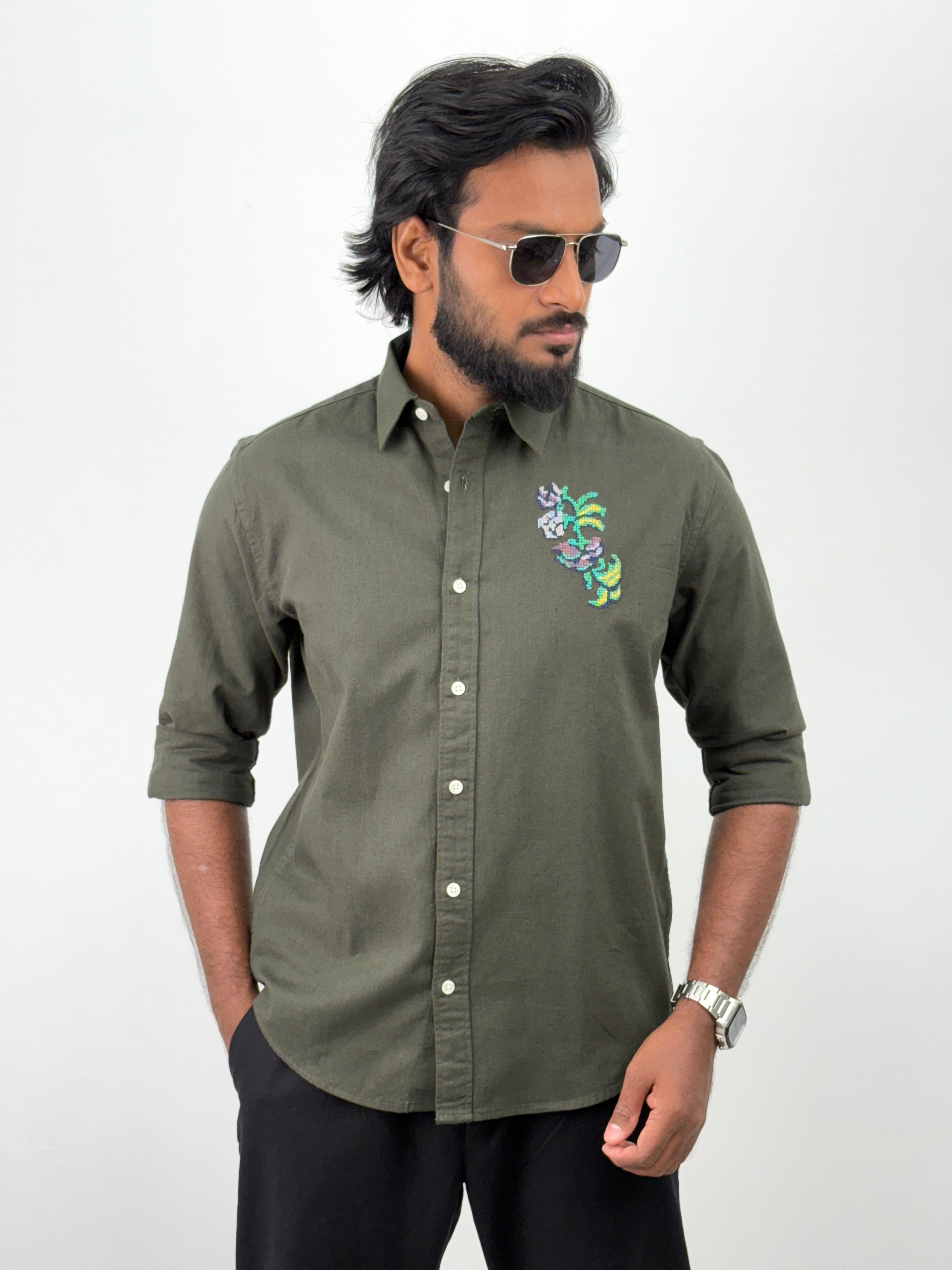 Olive Linen Embroidery Shirts