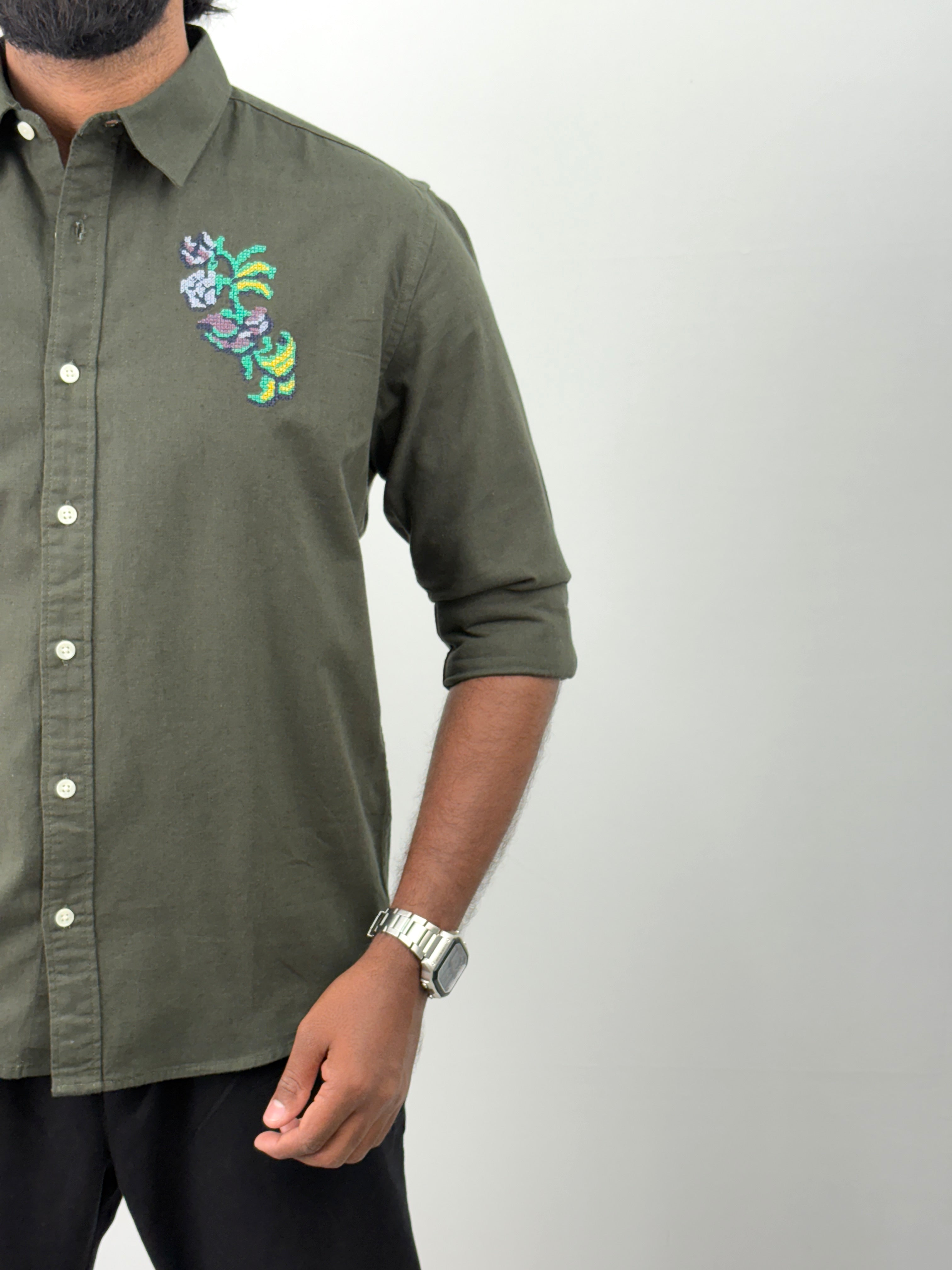 Olive Linen Embroidery Shirts
