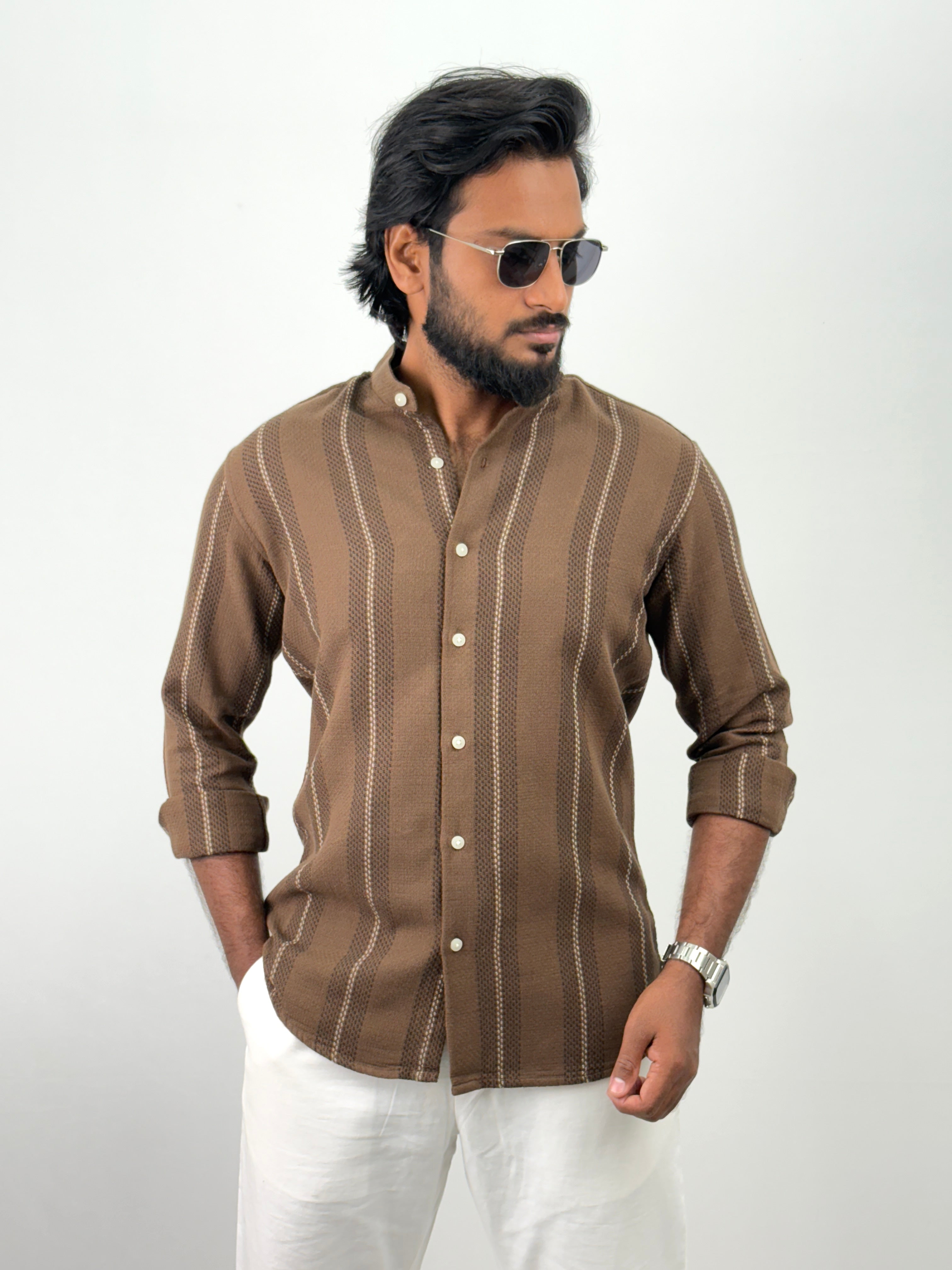 Brown Mandarin Collar Shirt