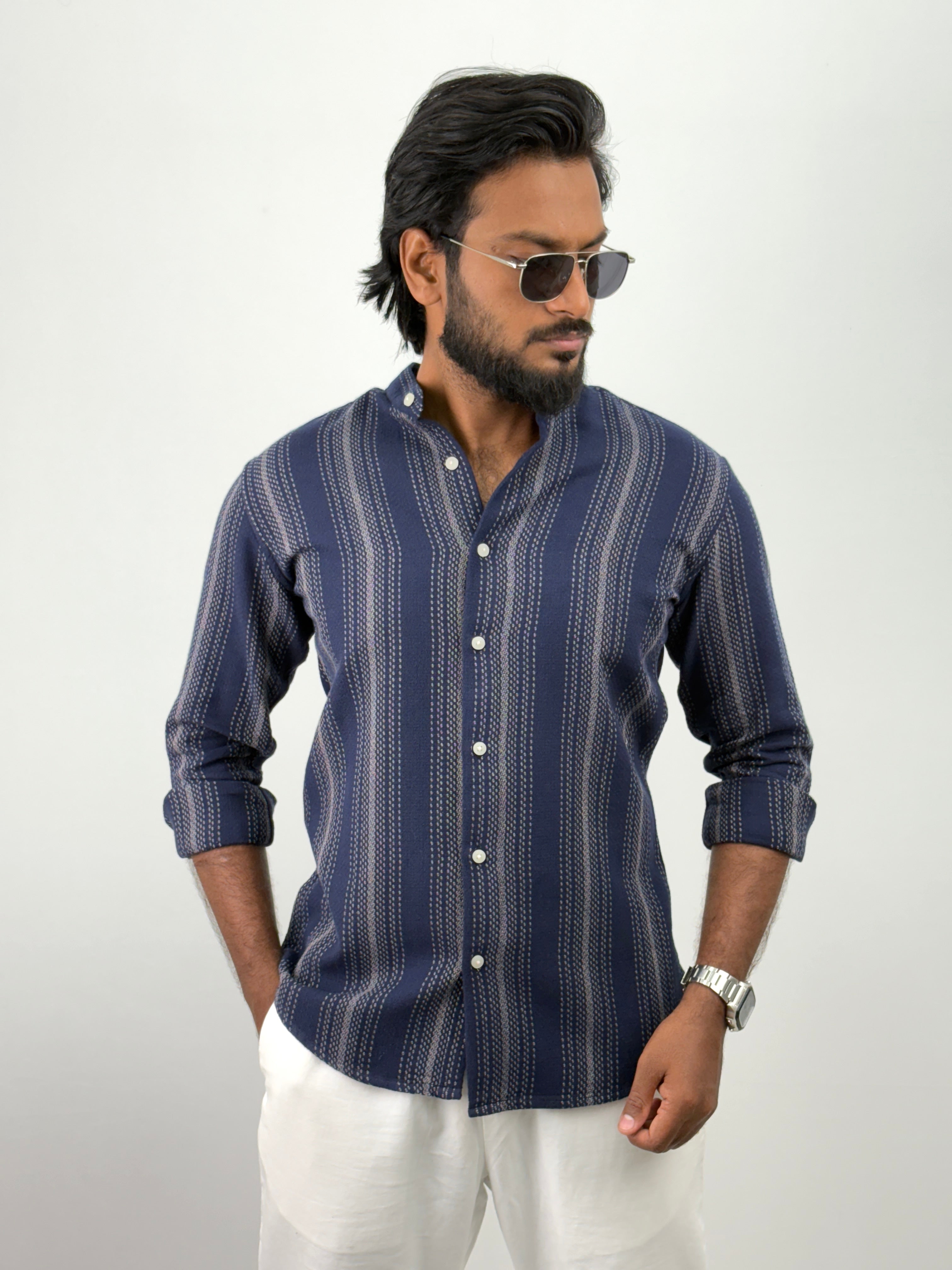 Navy Mandarin Collar Shirt
