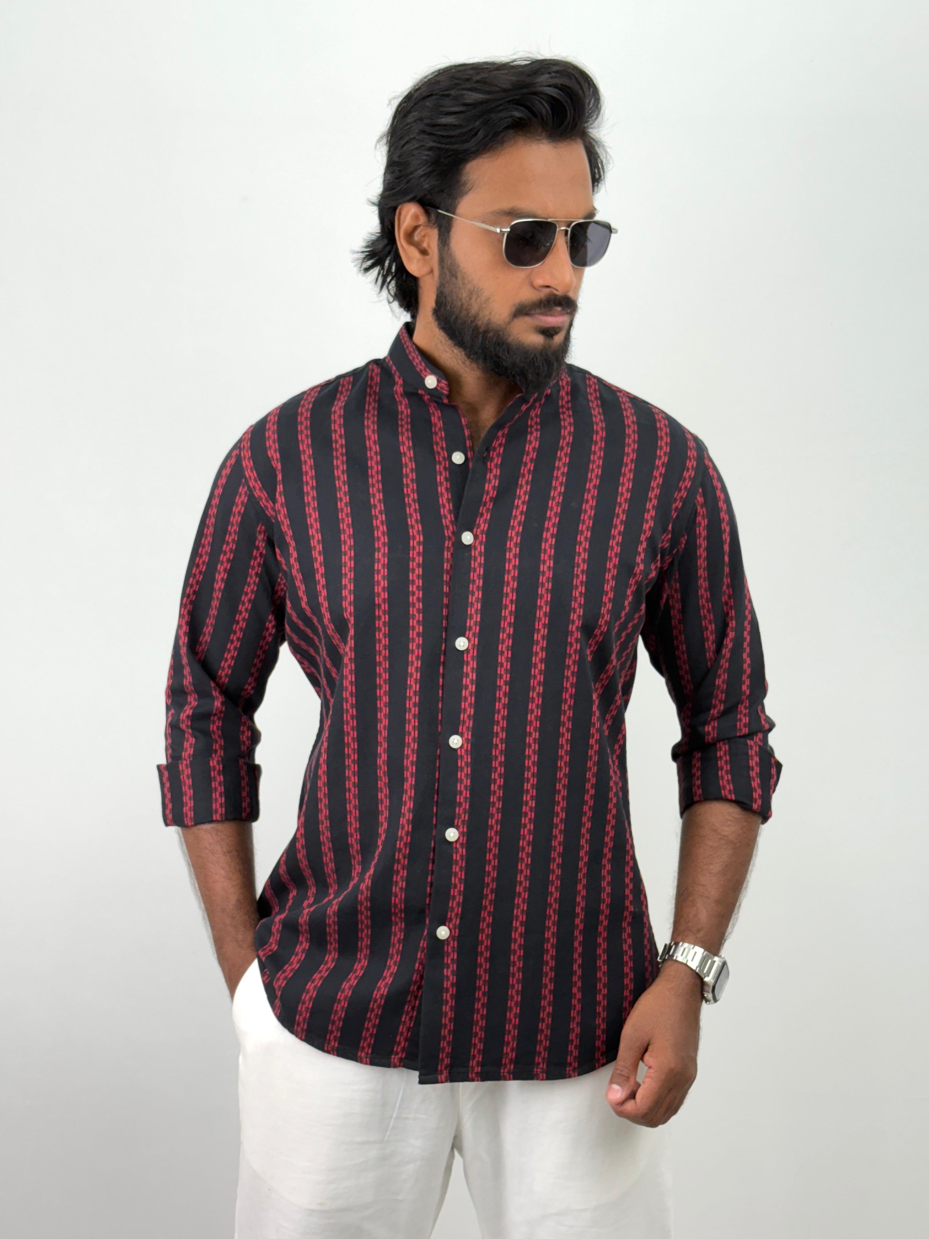 Black Red Mandarin Collar Shirt