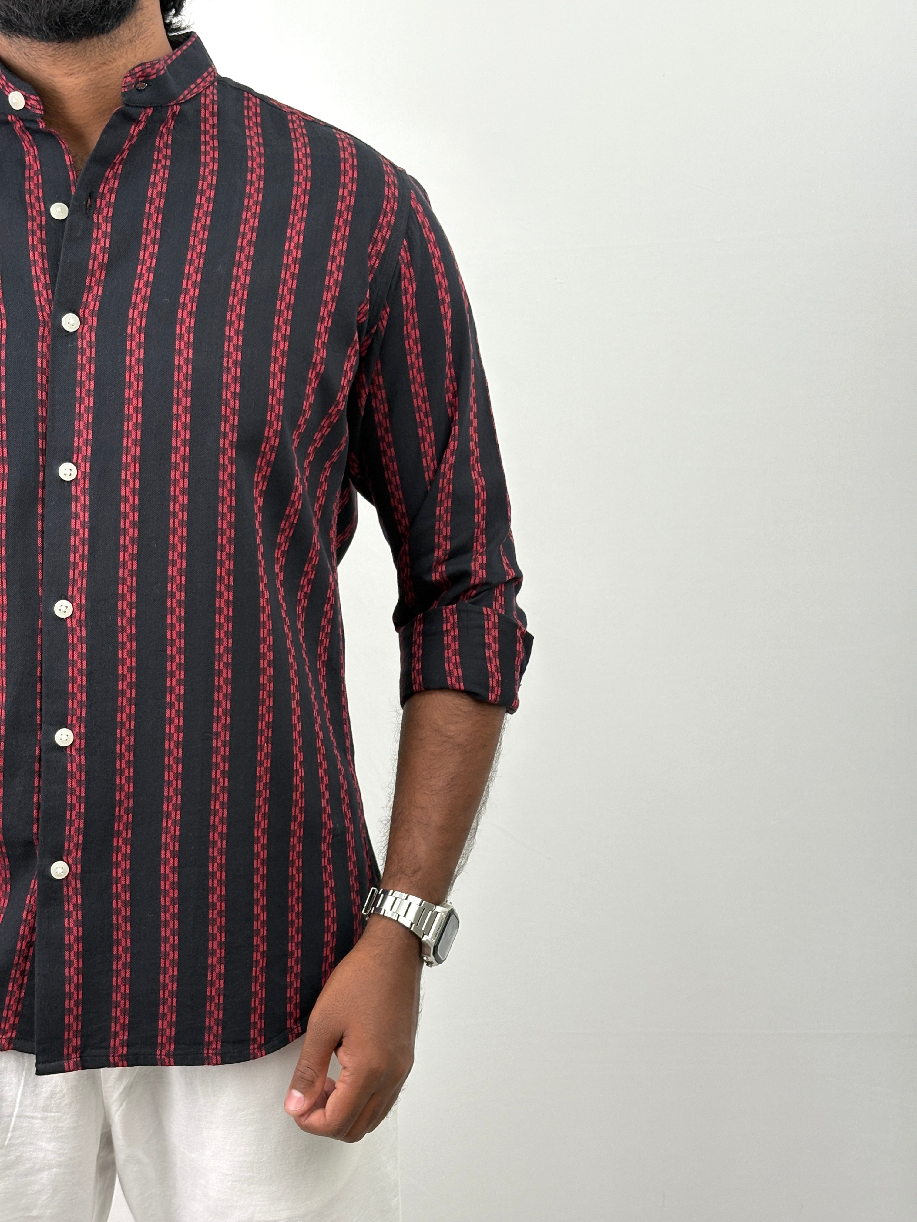 Black Red Mandarin Collar Shirt