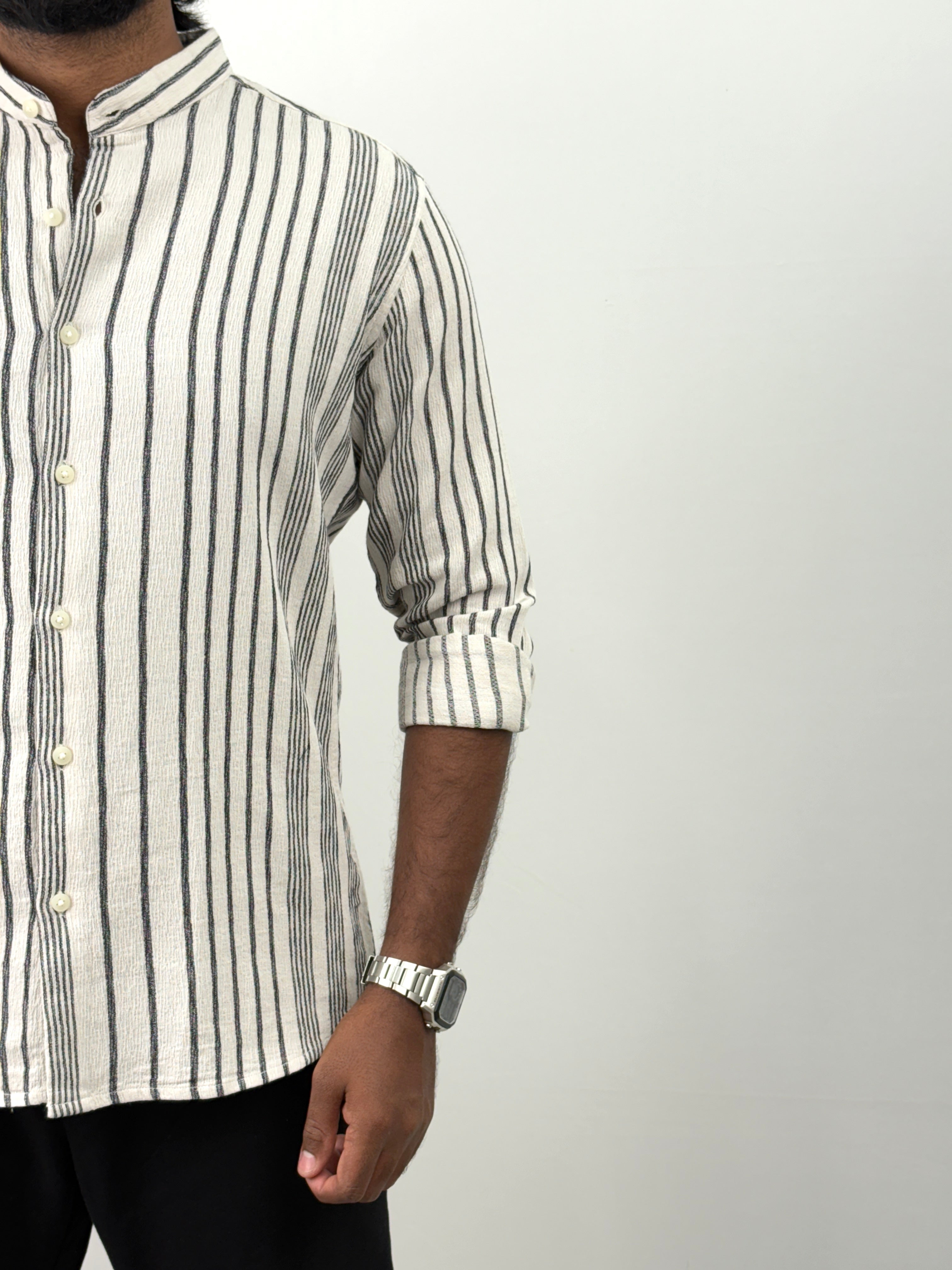Beige Black Mandarin Collar Shirt