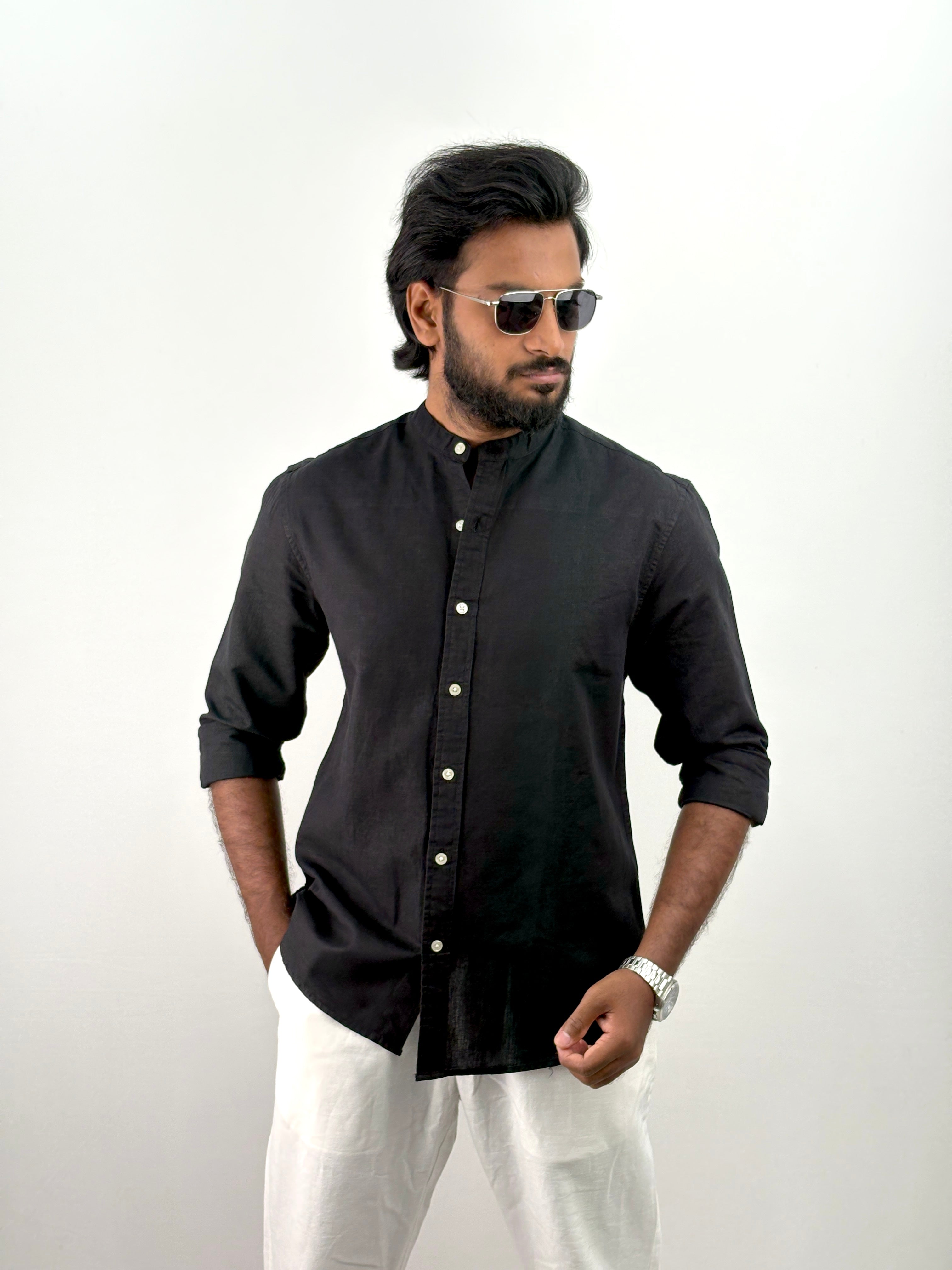 Black Mandarin Collar Shirt