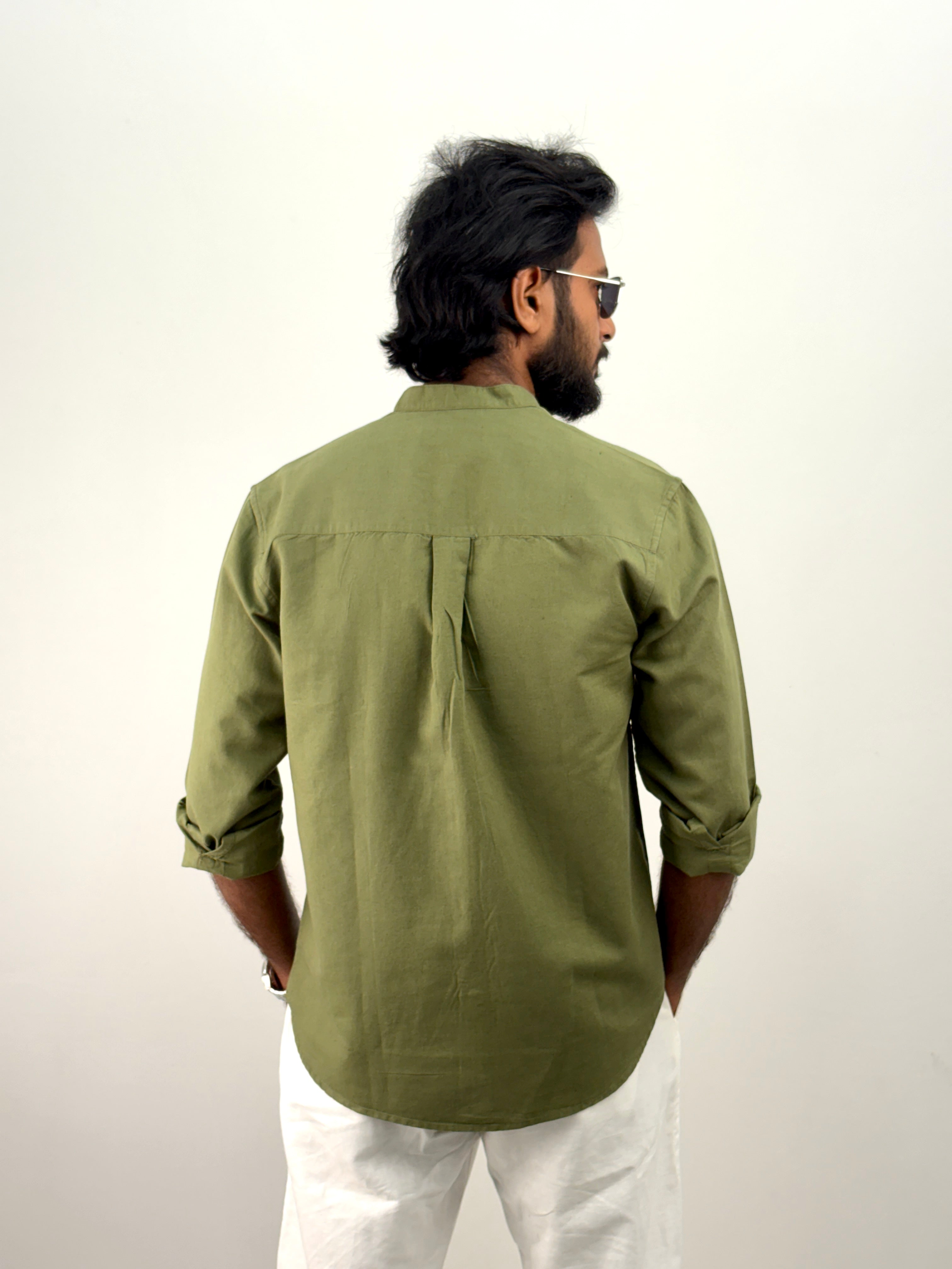 Green Mandarin Collar Shirt