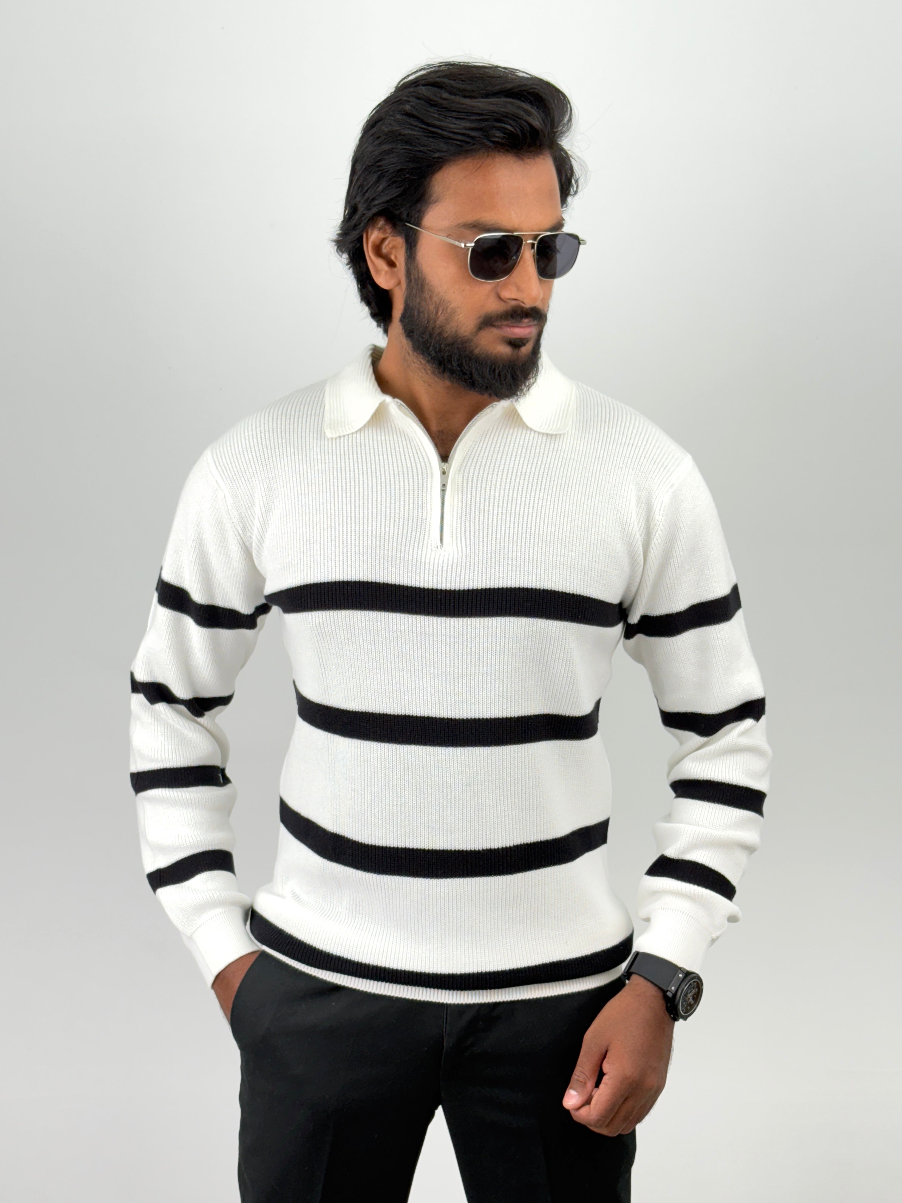 White Full Sleeve Zipper T-Shirt