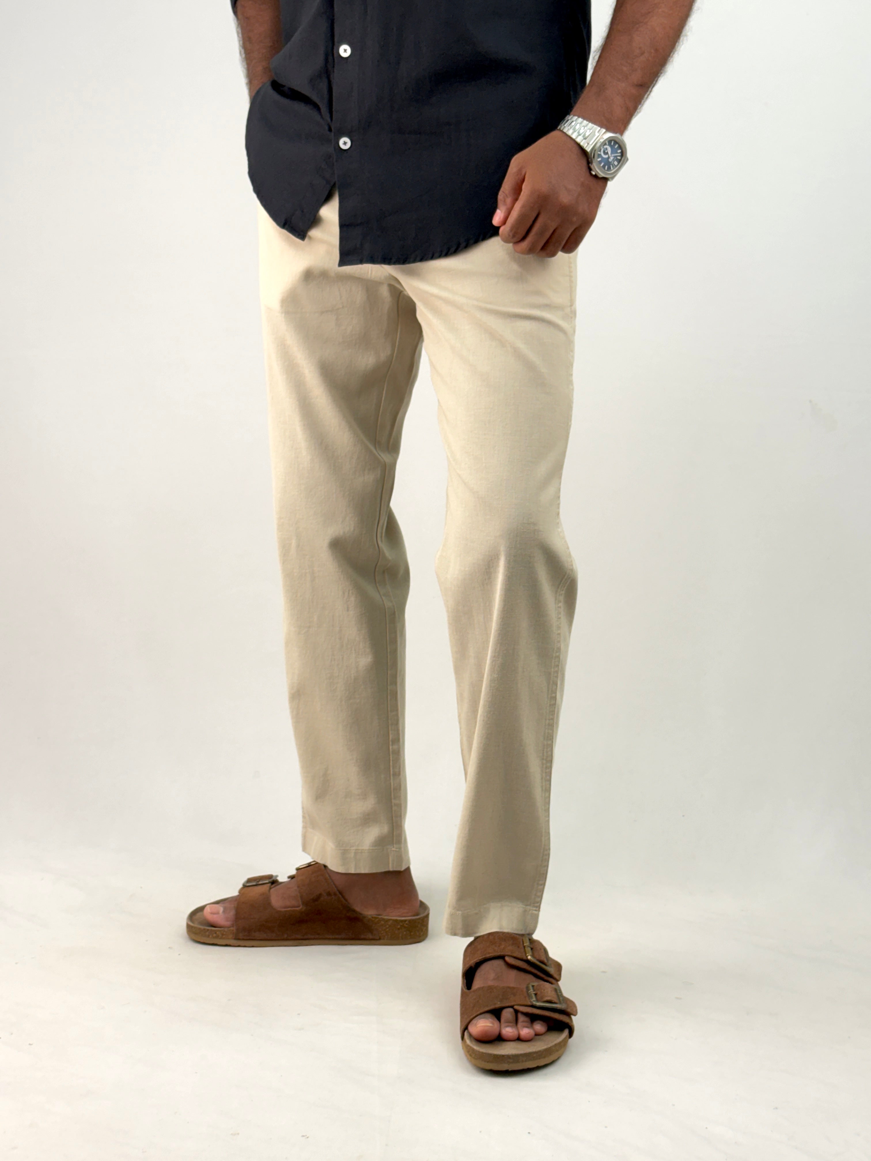 Beige Slim Fit Linen Pant