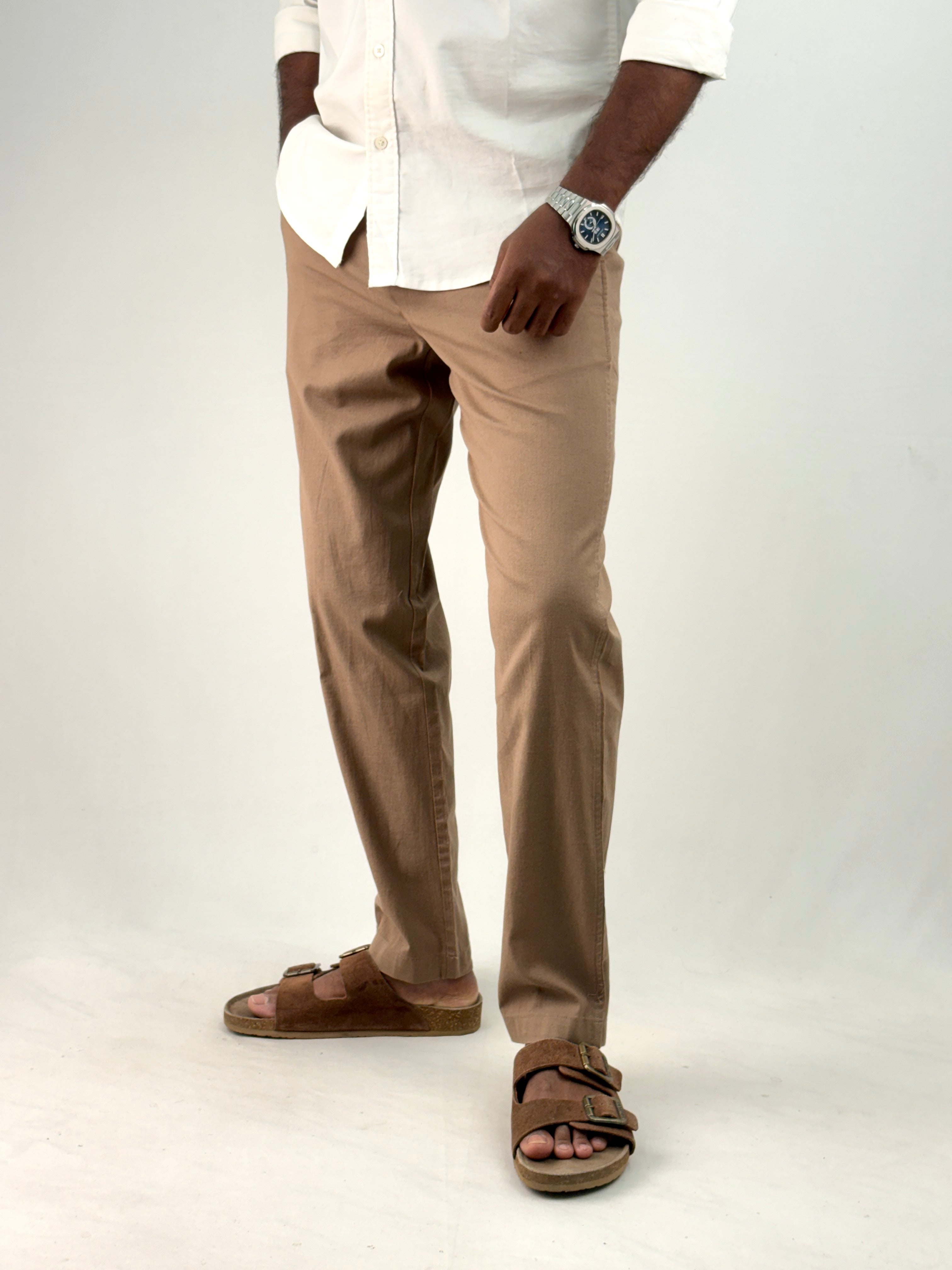 Brown Slim Fit Linen Pant