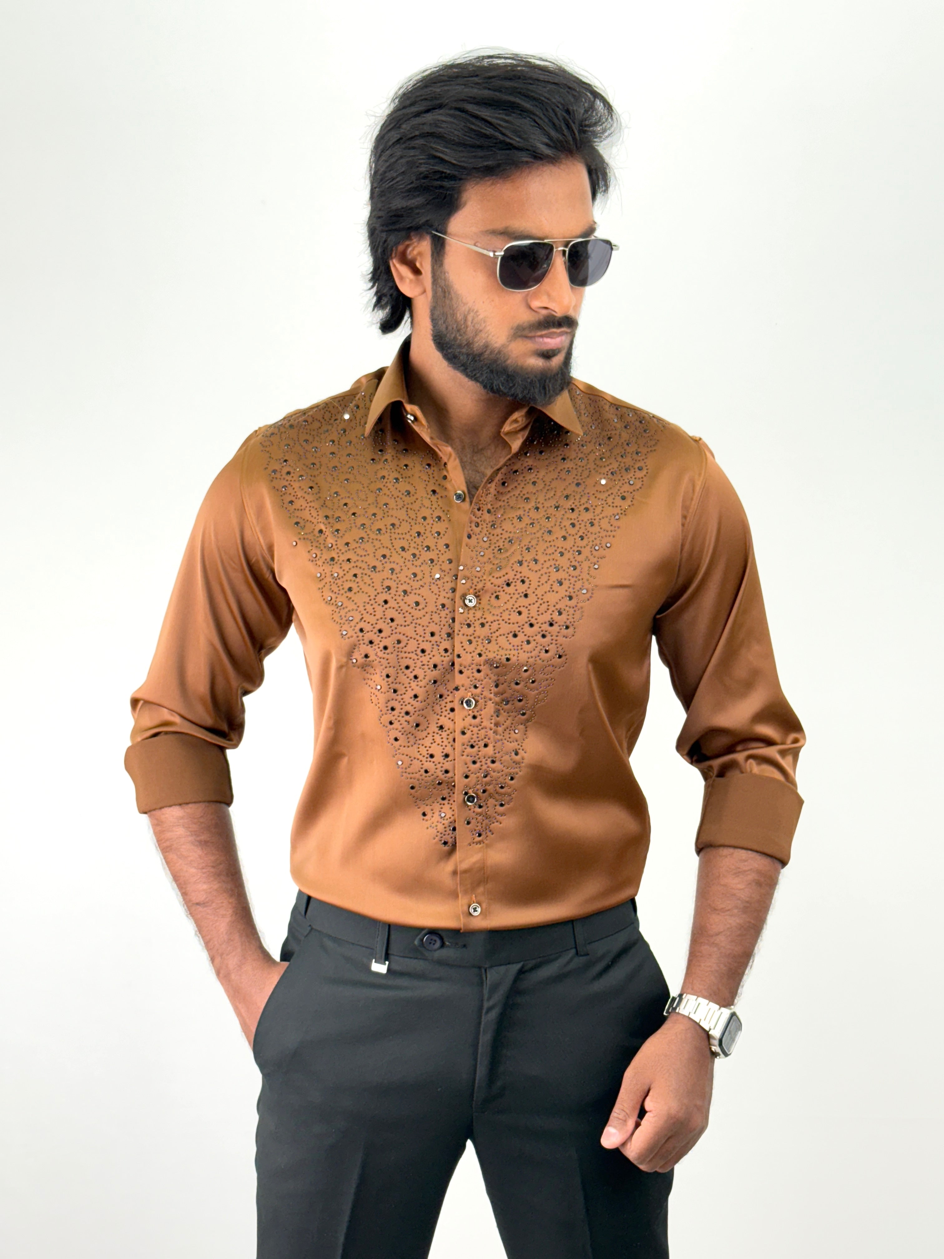 Brown Designer Stone Work Shirt