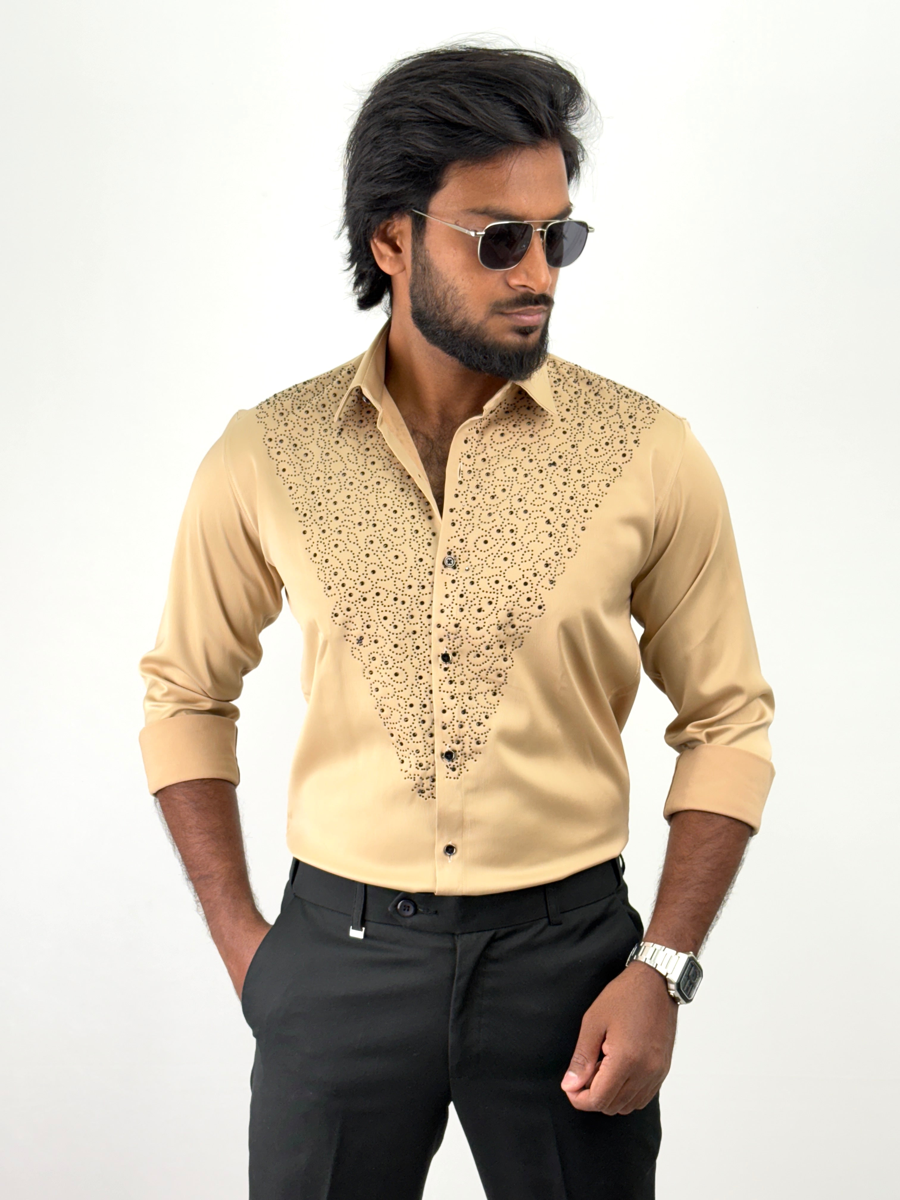 Beige Designer Stone Work Shirt 2