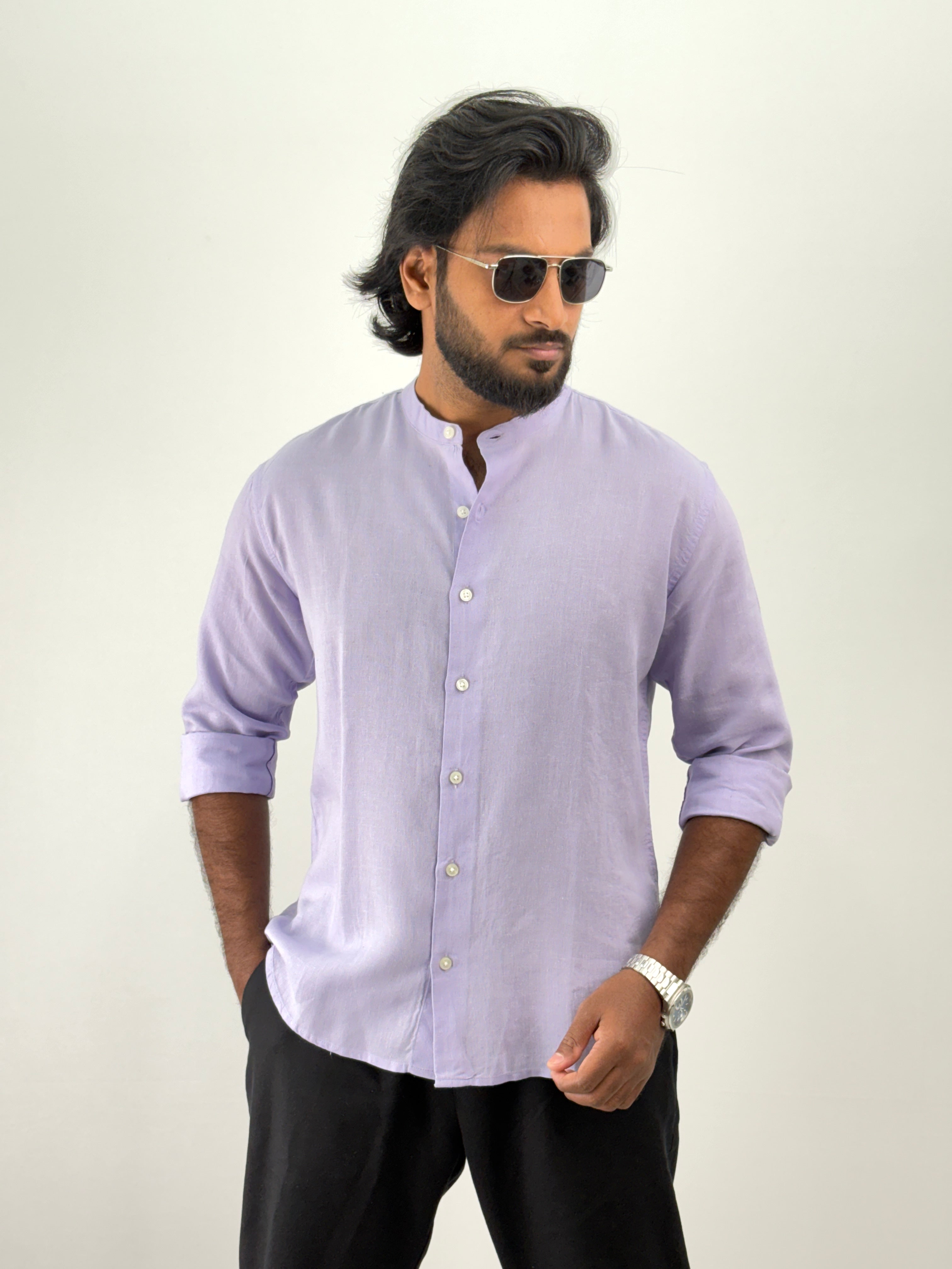 Lavender Mandarin Collar Linen Shirt 1