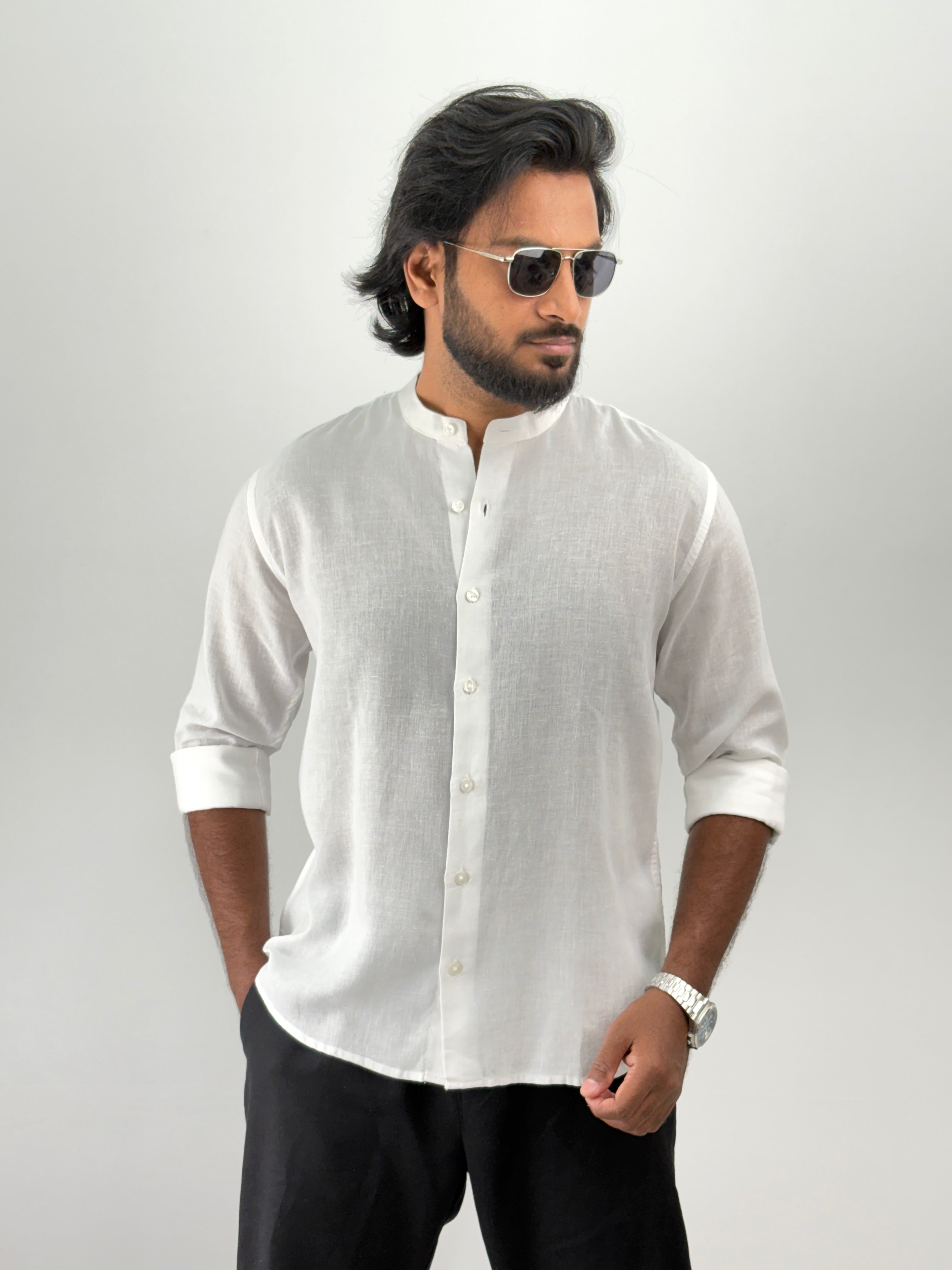 White Mandarin Collar Linen Shirt 1