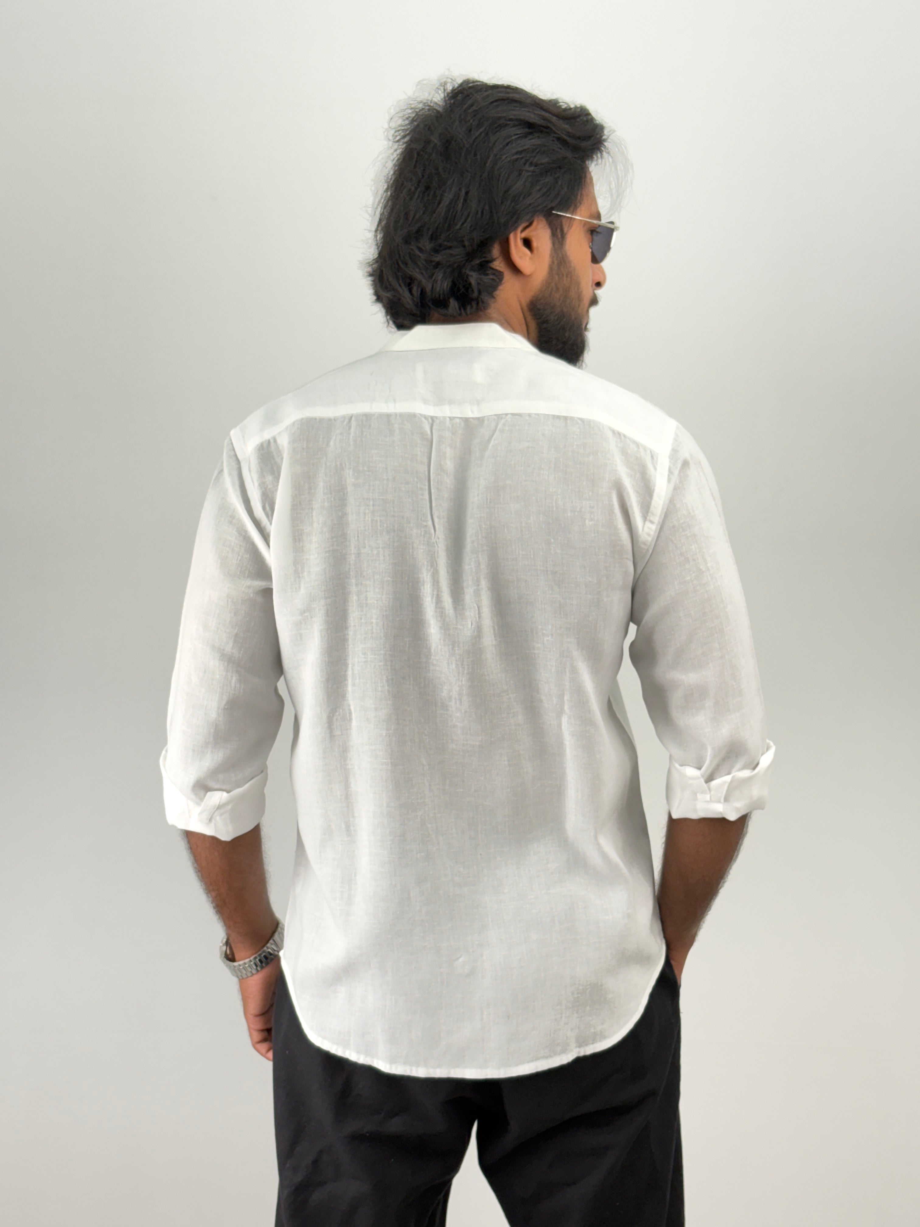 White Mandarin Collar Linen Shirt 1