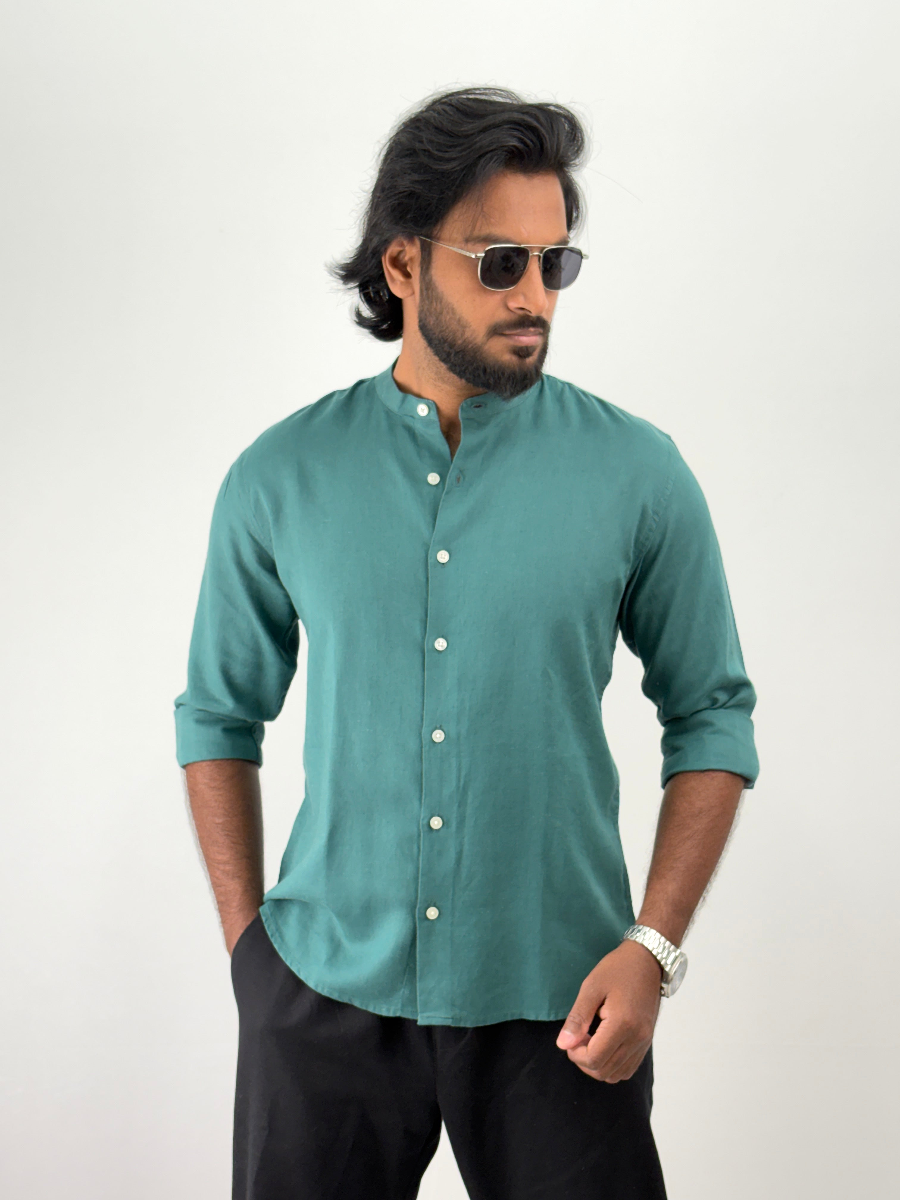 Aqua Mandarin Collar Linen Shirt 1