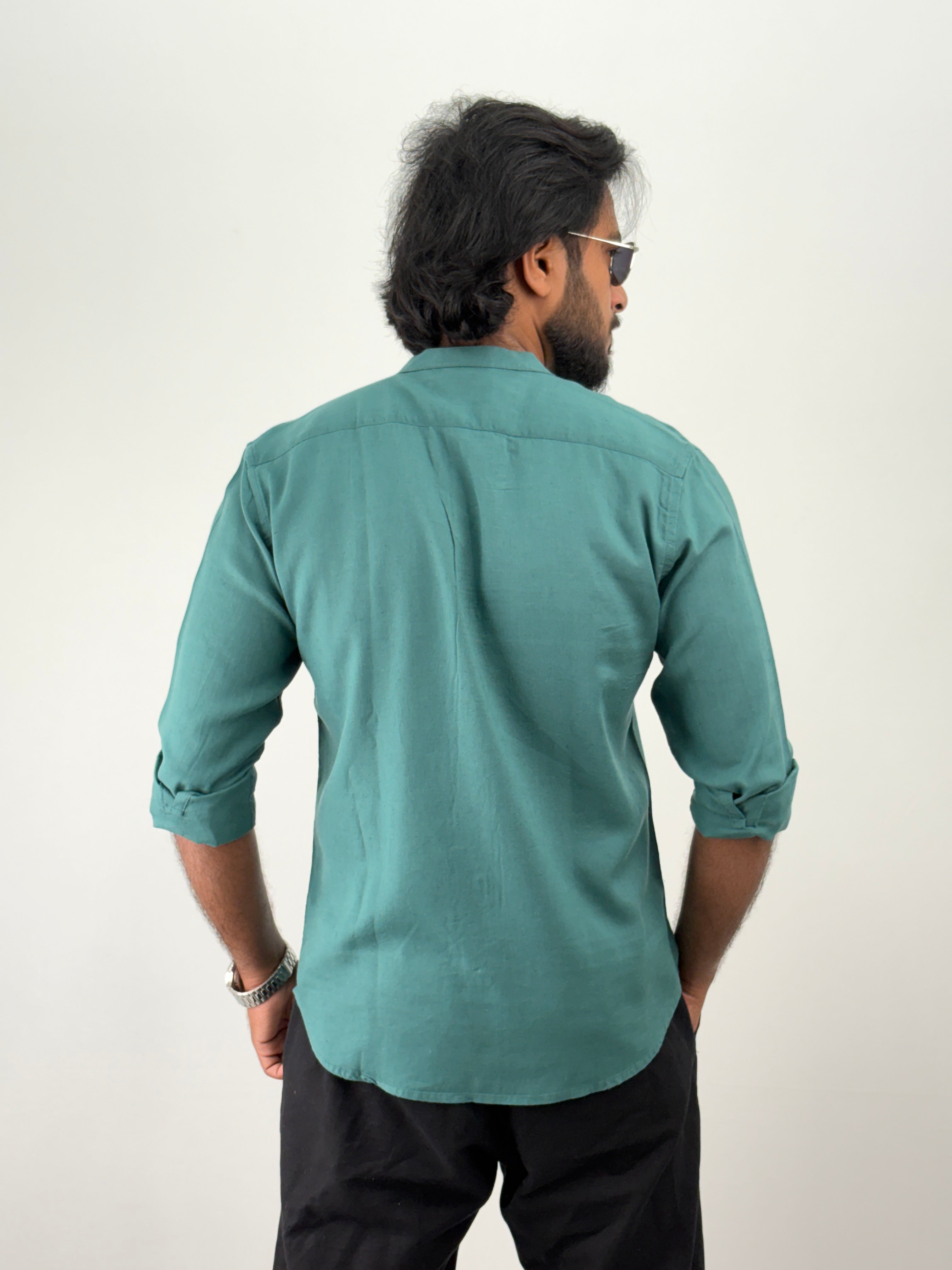 Aqua Mandarin Collar Linen Shirt 1
