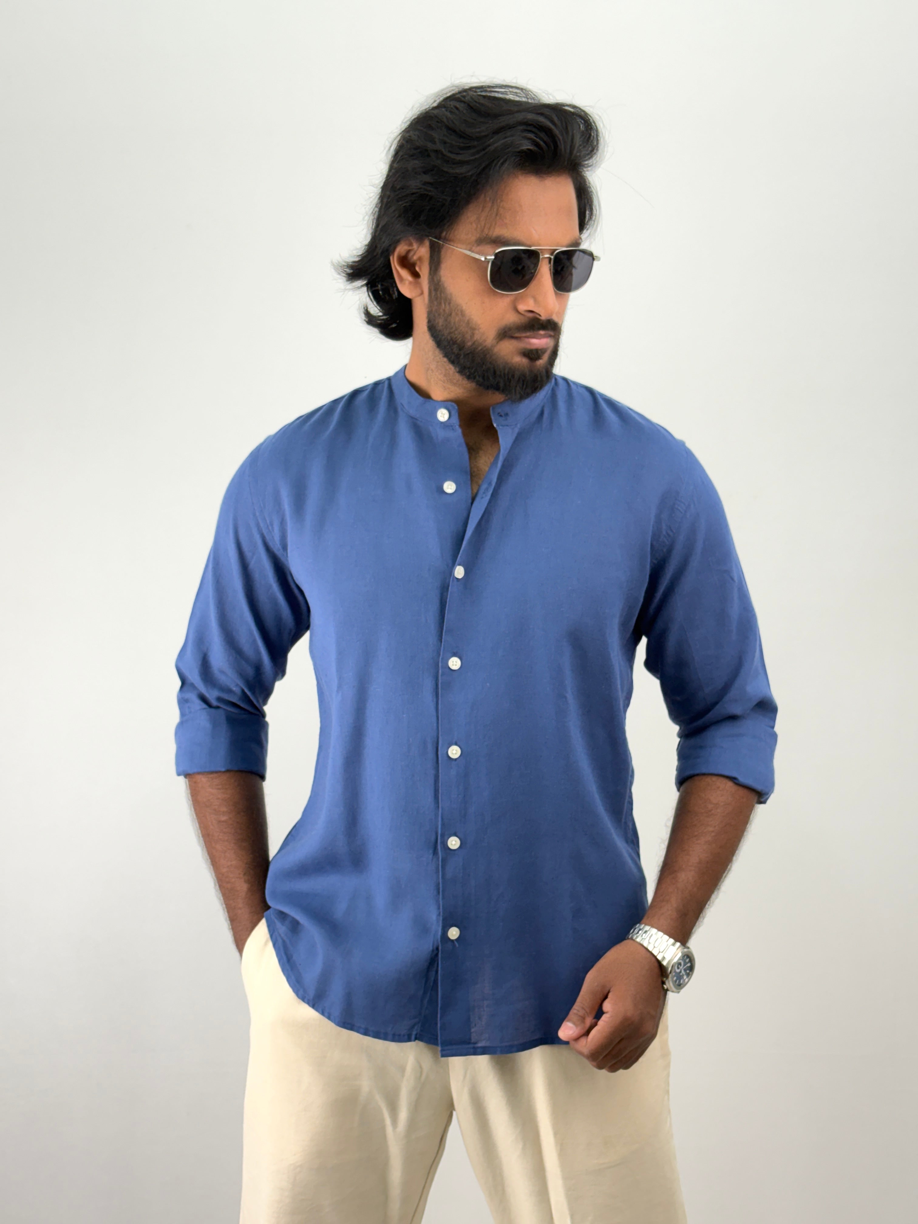 Blue Mandarin Collar Linen Shirt 1
